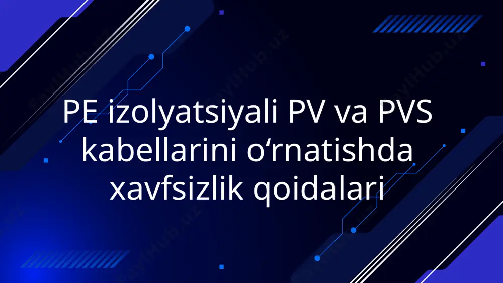 yuklamalarga chidamli. pv va pvs kabellarining o'ziga xos xususiyatlari pv (qayta tiklanadigan energiya) va pvs (pv sistemalar) kabellari elektrolit sifatida polietilen foydalanadigan maxsus kabellar bo'lib, ularning yuqori samaradorligi va qulayligi bilan tanilgan. ular ko'pincha quyosh energiya panellari va boshqa qayta tiklanadigan energiya manbalarida qo'llaniladi. pe izolyatsiyali kabellar haqida tushuncha pe (polietilen) izolyatsiyali kabellar, pestitsid va korroziya ta'siriga bardoshli materiallardan tayyorlangan. ular, asosan, elektr energiyasini uzatishda qo'llaniladi. pe izolyatsiyasi elektr tokini o'tkazmaydi va kabellarni tashqi muhitning zararli ta'sirlaridan himoya qiladi. 3. pe, pv va pvs izolyatsiyali kabellarni o‘rnatishdan oldin ko‘riladigan xavfsizlik choralari 1.elektr tarmog‘i kuchlanishdan uzib qo‘yiladi. 2.ish joyi belgilanadi va cheklanadi. 3.kabel turi va uning texnik parametrlari loyihaga muvofiqligi tekshiriladi. 4.kabelning tashqi holati (yorilish, shikastlar) tekshiriladi. 5.dielektrik qo‘lqoplar, izolyatsiyalangan asboblar ishlatiladi. 6.namlikdan saqlanadi, ayniqsa pe izolyatsiyali kabelda. 7.kabel yo‘nalishi bo‘yicha yerosti aloqa vositalari mavjudligi oldindan aniqlanadi (agar yer osti ish bo‘lsa). 4. xavfsizlikni ta'minlash bo‘yicha asosiy tavsiyalar. sifatli vositalardan foydalanish: …