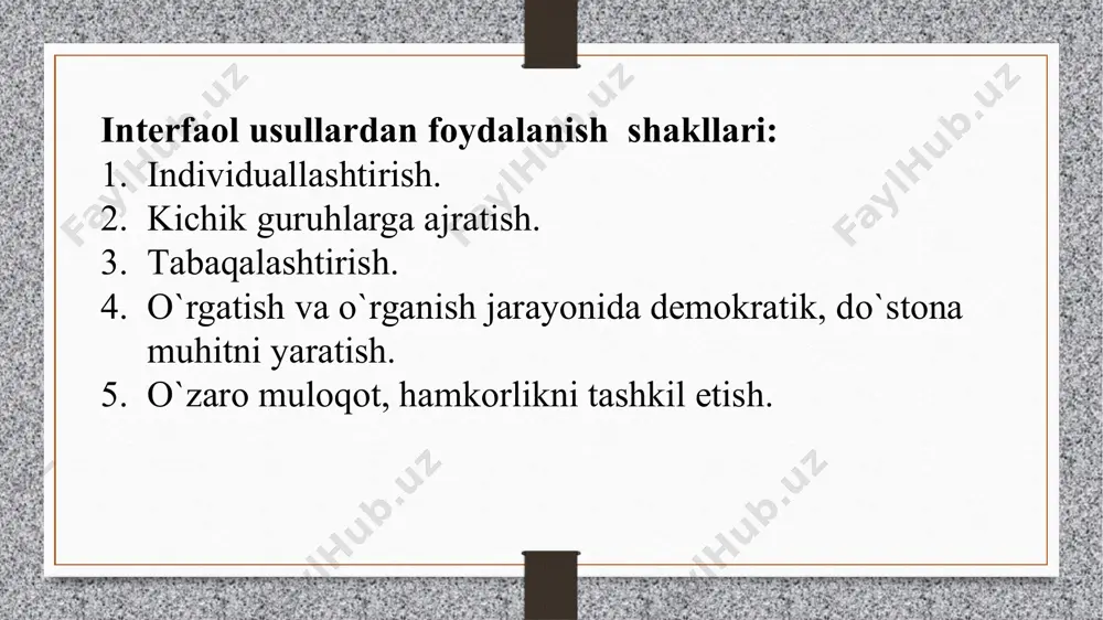 siy kalit so‘z - xarita): yangi mavzu tushuntirilib, ushbu mavzuni mustahkamlash uchun topshiriqlar bajarilgandan so‘ng dars boshida qo‘yilgan maqsadga erishilganligi borasida qisqacha suhbat amalga oshiriladi. undan so‘ng “geografik topishmoq vaqti” o‘tkaziladi. harakatsiz barqaror, yerda ikki nuqta bor. (…..) 2. yer sharini qoq ikkiga bo‘laman, parallelga men parallel bo‘laman. (….) 3. ekvatordan arktikaga, yo‘l oldi do‘sting g‘ani. qaysi kenglik tomon borar, shu g‘ani aytgin qani? (….) yerning shakli modeli, cho’zinchoqmas dumaloq. (…) palaxsa muz suvda suzar, muztog’ bo’lib suzib yurar. (…) uning bag’ridadir hatto suv qobiq, yuzin silab turar ham havo qobiq, tabiat bergandir qattiq fazilat, qa’ri boyliklarga limmo lim qat qat. (…) u shunday ko’l, faunasi mo’l.bir qism suv chuchuk, qolganichi sho’r. (…) bir o’zanli yo’l bosar, oqib-oqib ko’l bo’lar.(...) uch tomonim suv erur quruqlik bir yonimda. orolga o’xshashroqman, ham “orol’’ bor nomimda. (…) bir nomda sharshara, cho’l, shahar, orol, daryo, ko’l. (…) yog’inlardan to’ladi, yog’och ortsang bo’ladi.( …) “asalari …