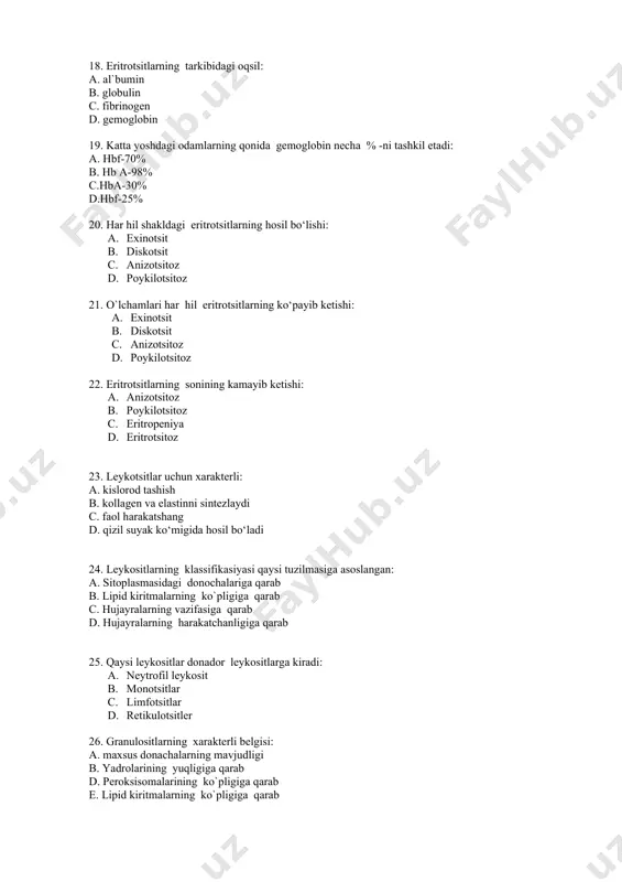 lar 1. eozinofil leykositlar 1. monotsitlar 28. immun reaksiyalarda qaysi leykositlar ishtirok etadi: 1. neytrofillar 1. bazofillar 1. eozinofillar 1. limfotsitlar 29. qaysi leykosit arqali jinisti aniqlawg`a boladi: a. limfotsitler b. bazofiller c. eozinofiller d. neytrofiller 30. ikkilamchi yoki maxsus donador neytrofil leykositlarga xos bo‘lgan ferment: a. ishqoriy fosfataza b. kislotali fosfataza c. arilsul`fataza d. peroksidaza 31. neytrofil leykositlarning asosiy vazifasi: a. kollagenni sintezlaydi b. fagotsitoz c. antitelalar ishlab chiqarish d. kislorod tashish 32.neytrofil granulositlar leykositar formulaning necha %-ni tashkil etadi: a. 6-8% b. 20-35% c. 65-75% d. 2-5% 33. neytrofil leykositlar uchun xarakterli: 1. maxsus fermenti –ishqoriy fosfataza 1. lipid kiritmalarni saqlaydi 1. immunoglobulinlarni sintezlaydi 1. gistamin ishlap shiqaradi 34. yosh neytrofillar leykositar formulaning necha %-ni tashkil etadi: a. 0,5% b. 1-6% c. 65-75% d. 2-5% 35. tayoqcha yadroli neytrofillar leykositar formulaning necha %-ni tashkil etadi: a.0,5% b.1-6% c.65-75% d.60% 36. segment yadroli neytrofillar leykositar formulaning necha %-ni tashkil …