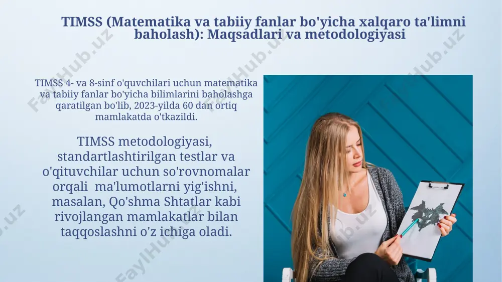 ichiga oladi. talis namunaviy testlari: misollar va tahlil talis баҳолашларида, 2013 ва 2018 йиллар ўртасида, тошкент шаҳридаги мактабларда ўқитувчиларнинг касбий ривожланишига кўмаклашувчи дастурлар сони 2 бараварга ошганлиги кузатилган. talis 2018 йилги маълумотларига кўра, ўзбекистондаги ўқитувчиларнинг 65 фоизи ўз иш жойларида рақамли технологиялардан фойдаланади, бу эса жанубий корея каби давлатлар билан солиштирилганда паст кўрсаткич ҳисобланади. e'tiboringiz uchun rahmat @taqdimot_robot image4.png image5.jpg image6.jpg image7.jpg image8.jpg image9.jpg image10.jpg image11.jpg image12.jpg image13.jpg image14.jpg image15.jpg image16.jpg image17.jpg image18.jpg image19.jpg image20.jpg image21.jpg image3.jpeg