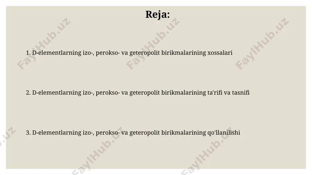 tezlashtirib, ekologik muvozanani yaxshilaydi. geteropolit birikmalar, xususan, molibden va volfram asosidagi komplekslar, 10-20 ppm miqdorida tuproqdagi ogʻir metallarning biokirishini kamaytirishda muhim rol oʻynaydi. izo-birikmalarning tuzilishi va xossalari izo-birikmalarning tuzilishi, markaziy d-element atomining oksidlanish darajasi va ligandlar soniga bog'liq bo'lib, tetraedrik yoki oktaedrik geometriyaga ega bo'lishi mumkin, masalan, [cr(nh₃)₆]³⁺ kompleksi oktaedrik tuzilishga ega. izo-birikmalar, koordinatsion raqamlarining o'zgarishi natijasida, turli xil magnit xossalarini namoyon qilishi mumkin; masalan, d⁴-konfiguratsiyali komplekslar yuqori spinli yoki past spinli bo'lishi mumkin. d-elementlarning izo-, perokso- va geteropolit birikmalarining ta'rifi geteropolit birikmalar ikki yoki undan ortiq turdagi metall atomlaridan tashkil topgan murakkab komplekslardir, masalan, [mo12o36]⁴⁻ tuzilishiga ega bo‘lgan birikmalar. perokso-birikmalar d-elementlarning kislorodli o22- ligandiga ega bo‘lgan komplekslari hisoblanadi va ularning oksidlanish-qaytarilish potentsiali yuqori bo‘lib, 1 dan 3 gacha valentlikka ega bo‘lishi mumkin. perokso-birikmalarning tuzilishi va xossalari koʻp peroksobirikmalar paramagnetik xossalarga ega, bu ularning molekulyar orbitalarida toq elektronlar mavjudligini koʻrsatadi, va ularning magnit sezuvchanligi oʻlchanadi. peroksobirikmalarning asosiy tuzilishi o-o bogʻlanishini …