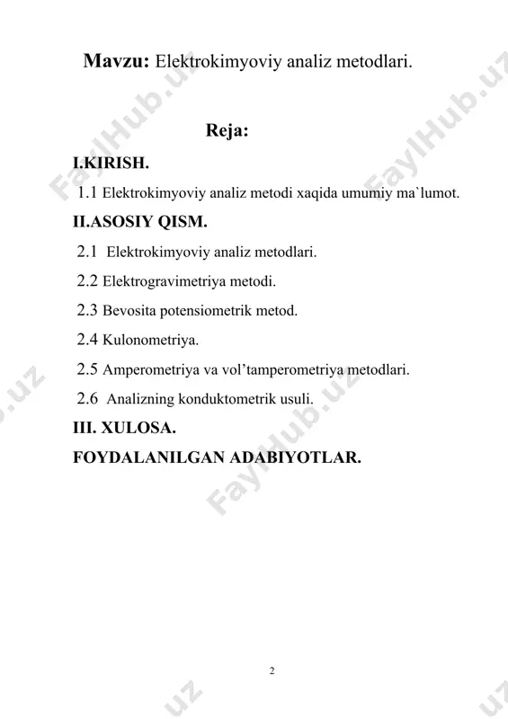 va cho`kma massasi bo`yicha tekshiriluvchi eritmadagi moddaning miqdorini aniqlashga asoslangan. u asosan rangli og’ir va ba’zan qora metallarni miqdoriy aniqlashda yoki ularni bir-biridan ajratishda qo’llaniladi.hozirgo vaqtda bu usul kam qo`llaniladi. elektrokimyoviy analiz usullari elektrodlarda yoki elektrodlar orasidagi fazada o`tayotgan jarayonlarga asoslangan.elektrod jarayono tashqi elektr toki bo`lmaganda doimiy kuchlanish berish bilan sodir bo`lishi mumkin.elektrometrik usullar moddalarning elektrometrik xususiyatlarini (elektr o`tkazuvchanlik,potensial,tok kuchi va b) tekshirishga asoslangan. tеkshirilаyotgаn mоddа tаrkibidаgi аniqlаnаyotgаn mоddаning elеktrохimiyaviy хususiyatlаridаn fоydаlаnаdigаn bir qаnchа аnаliz mеtоdlаri mаvjud. аnа shundаy pоtеntsiоmеtrik, kоnduqtоmеtrik, pоlyarоgrаfik vа elеktrоgrаvimеtrik mеtоdlаr хаlk хo’jаligining turli tаrmоklаrigа оid lаbоrаtоriyalаrdа muvаffаkiyat bilаn qo’llаnilmоkdа. elektrokimyoviy jarayonlar va analizlar sohasida akademik aleksandr naumovich frumkin (1895-1976) yigirmanchi asrda o’z fanining haqiqiy ustasi deb tan olindi. u o’n nafar chet el ilmiy akademiyalariga a’zo bo’lgan. 1933 yilda moskva davlat universitetida elektrokimyo kafedrasini tashkil qilib, umrining oxirigacha uni boshqardi. frumkin a.n. 24 yoshida “elektrokapillyar hodisalar va elektrod potensiallar” deb nomlangan birinchi monografiyasini chop ettirdi. …