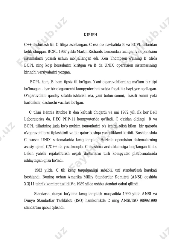 kt/funksiyalarni qo'llashni o'rganishdir. c++ tili tuzilishi. 1. alfavit, identifikator, xizmatchi so’zlar. alfavit. c++ alfavitiga quyidagi simvollar kiradi. • katta va kichik lotin alfaviti xarflari (a,b,..,z,a,b,…,z) • raqamlar: 0,1,2,3,4,5,6,7,8,9 • maxsus simvollar: “ , {} | [] () + - / % \ ; ‘ . : ? _ ! & * # ~ ^ • ko’rinmaydigan simvollar (“umumlashgan bushliq simvollari”). leksemalarni uzaro ajratish uchun ishlatiladigan simvollar (misol uchun bushlik, tabulyatsiya, yangi qatorga o’tish belgilari). izohlarda, satrlarda va simvolli konstantalarda boshqa literalar, masalan rus xarflarini ishlatilishi mumkin. c++ tilida olti khil turdagi leksemalar ishlatiladi: ehrkin tanlanadigan va ishlatiladigan identifikatorlar, khizmatchi suzlar, konstantalar( konstanta satrlar), amallar( amallar belgilari), azhratuvchi belgilar. identifikator.identifikatorlar lotin xarflari,ostki chiziq belgisi va sonlar ketma ketligidan iborat buladi. identifikator lotin xarfidan yoki ostki chizish belgisidan boshlanishi lozim. misol uchun: a1, _max, adress_01, rim, rim katta va kichik xarflar farklanadi, shuning uchun ohirgi ikki identifikator bir biridan farq qiladi. borland …