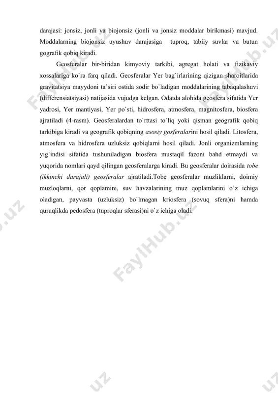 quruqlikda pedosfera (tuproqlar sferasi)ni o`z ichiga oladi. 4 – rasm. yer va yer atrofi fazosining tuzilishi (l.p.shubayevdan, 1977) asosiy sferalardan faqat hidrosfera va biosfera to`liq geografik qobiqqa kiradi. geografik qobiq to`g`risida so`z borganda atmosfera va litosferaning uning tarkibiga kiradigan qismlari nazarda tutiladi. geografik qobiqning geosferalari uning yarusli vertikal strukturasini hosil qiladi. atmosfera atmosfera – yerning aerosol zarralari bo`lgan gaz qobig`idir. u qattiq yer (terrasfera) bilan bir butun sifatida birga aylanadi va bir paytda yerning aylanishida ishtirok etadi. atmosferada havoning zichligi yer uzazida eng katta bo`lib, yuqoriga tomon kamayib boradi. atmosfera massasining yarmi uning quyi 5 km ida, uchdan bir qismi esa 10 km ida to`plangan. tabiiy gazlar geografik qobiqning muhim va faol elemetidir. chunki atmosfera yerni va barcha jonzotlarni quyoshning jazirama nurlaridan asraydi; atmosferada vujudga keladigan havo oqimlari – shamollar – issiqlik va namning ko`chib yurishida, yer yuzasining o`simlik qoplamagan joylarda to`zitish va qayta tekislashda ishtirok etadi. atmosfera, uning gaz …