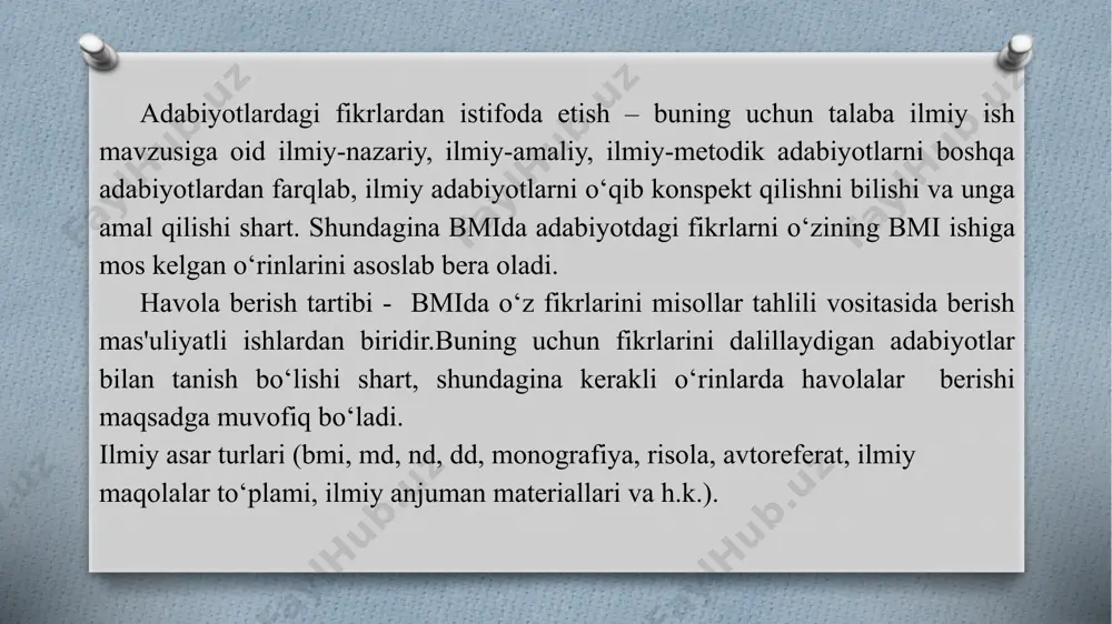 ni to’g’ri tushunish imkonini beradi. masalan, badiiy adabiyotning, so’zning g’oyaviy-estetik ta’sir kuchi, ahamiyatini quroldan ham kuchliroq ekanligi to’g’risidagi fikrni mustahkamlash masalasida p.tursunning “adabiyot zambarakdan zo’r” yoki a.qahhorning “adabiyot atomdan kuchli” degan so’zlarini yoki bo’lmasa, “tig’ yarasi bitar, ammo til yarasi bitmas” maqolini iqtibos sifatida qo’llash mumkin. iqtibosdan ko’p hollarda epigraf va shior o’rnida ham qo’llaniladi. agar muallif fikriga zarar yetmasa, iqtibosda orfografiya va punktatsiyani o’zlashtirish, so’z (so’zlar)ni tushirib qoldirish mumkin (bunda ko’p nuqta bilan belgi qo’yiladi). ilmiy tadqiqotning muhim tarkibiy qismlaridan biri ilmiy havolalardir. ilmiy havolalar tadqiqotchining qanday manbalarga tayanib tadqiqot olib borganligini ko‘rsatib turadi. tadqiqotda havolalar, asosan, ikki turlidir. bular: a) material, tadqiq hodisalariga, tajriba-sinov ishlariga havolalar; b) ilmiy tadqiqotlarga, tadqiqotchilarning fikrlariga havolalar. istalgan ilmiy tadqiqot hamisha faktlarga (faktik materialga) tayanadi. bu faktik material tilshunoslik tadqiqotlarida tilning voqelanish ko‘rinishlari - nutqdan (jonli so‘zlashuv, sheva, yozuvchilarning asarlari v.h.dan), o‘tkaziladigan tajriba-sinov natijalaridan, zarur holatda ilmiy tadqiqotlardan olinadi. bularning barchasi tadqiqotchi va …
