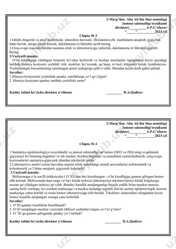 ik baho berish? 3.vaziyatli masala: u.ismli bemor, 49 yoshda. kasallik to‘satdan boshlanib, ichi keta boshlagan-najas xarakterini yo‘qotib, suvday tus olgan, qorinda kuchli og‘riq sezilmagan. ichi 10-15 martagacha ketgan. 3-4 soatlardan keyin qo‘l- oyoqlari muzlab, mushaklar tortisha boshlagan. tekshirganda najas loyqa suvni eslatadi. bemor ahvoli og‘ir, terisi qurigan, burmalar yozilmaydi. tana harorati 35,50c, lablari ko‘kargan, puls tezlashgan, arterial bosim pasaygan (80/50 mm simob ustunida). savollar: 1.bemorda qanday kasallikka xos belgilar kuzatilgan? 2.bunday bemorlardan tahlil uchun material olish qoidalarini gapirib bering. kasbiy talimi bo’yicha direktor o’ribosar �����_________ d.a.qodirov 2-marg’ilon abu ali ibn sino nomidagi jamoat salomatligi texnikumi direktori__________a.p.g’ofurov “_____”__________2023-yil chipta № 3 1.ishlab chiqarish va atrof-muhitlarda atmosfera havosini ifloslantiruvchi manbalarni aniqlash, gigiyenik baho berish, ularga qarshi kurash, dalolatnoma to‘ldirishni aytib bering. 2.oziq-ovqat maxsulotlaridan namuna olish va laboratoriyaga yuborish, dalolatnoma to‘ldirishni gapirib bering. 3.vaziyatli masala: o‘lat kasalligiga chalingan bemorni ko‘zdan kechirish va boshqa muolajalar tugagandan keyin quyidagi tartibda himoya kostyumi yechildi: etik, noskilar, …