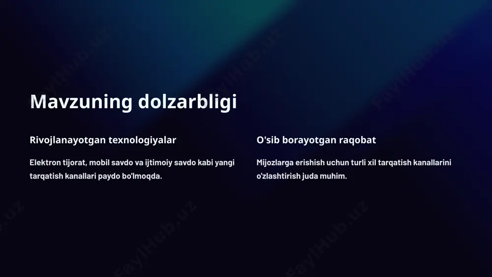 lan to'g'ridan-to'g'ri aloqa mijozlar bilan to'g'ridan-to'g'ri muloqot qilish imkoniyati yaratiladi. ichki tarqatish kanallarining kamchiliklari qamrovning cheklanganligi ichki kanallar tashqi kanallarga qaraganda kamroq mijozlarga erisha oladi. investitsiyalar ichki kanallarni rivojlantirish va qo'llab-quvvatlash kompaniya tomonidan katta investitsiyalarni talab qilishi mumkin. kanal tanlovining asosiy omillari mijozlar mijozlarning ehtiyojlari, xarid qilish xulqlari va afzalliklari. mahsulot mahsulotning turi, xususiyatlari, narxi va sifatini hisobga olish. raqobat raqobatchilarning tarqatish kanallari va strategiyalarini tahlil qilish. kompaniya resurslari mijozlarga xizmat ko'rsatish, logistika, texnologiya va marketing resurslari. mijozlarning xarid qilish xulq-atvori 1 demografik xususiyatlar yosh, jinsi, daromad darajasi va joylashuvi. 2 psixografik xususiyatlar hayot tarzi, qadriyatlar, qiziqishlar va shaxsiyatlar. 3 xarid qilish xatti-harakatlari mijozlarning xarid qilish chastotasi, sotib olish miqdori, xarid qilish joylari va afzalliklari. tarqatish kanallarini tanlash bo'yicha qabul qilinadigan qarorlarning turlari 1 intensiv imkon qadar ko'proq tarqatish kanallarini o'z ichiga oladi, masalan, oziq-ovqat mahsulotlari. 2 selektiv cheklangan miqdordagi tarqatish kanallarini tanlash, masalan, kiyim-kechak do'konlari. 3 ekskluziv mijozlarga mahsulotlarni …