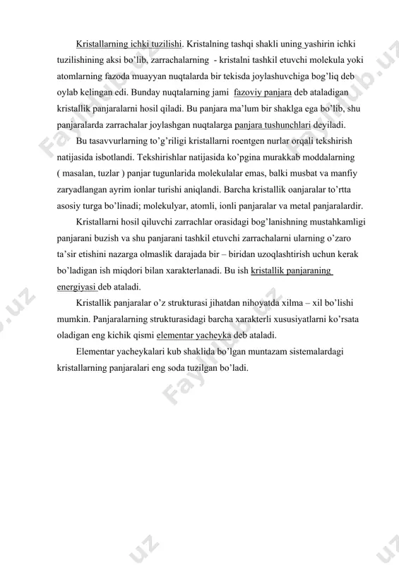 n moddalar, va bir xil shakldagi kristallar hosil qiladigan moddalarga izomorf moddalar yoki izomorfizm deb ataladi. bu izomorf moddalarga xos bo’lgan xususiyat shundan iboratki, ulardan hosil qilingan eritmalarda shu moddalar birgalikda kristallanib, aralash kristallar hosil qiladi. har xil achchiqtoshlar sulfat kislotaning qo’sh tuzlari, tarkibiga bitta bir valentli va bitta uch valentli metal bo’ladigan tuzlari izomor moddalarga tipik misoldir. agar alyuminiy rangsiz achchiqtosh kal(so4)2*12h2o bilan to’q gunafsha tusli xromli achchiqtosh kcr(so4)2*12h2o dan iborat aralashma suvda eritilsa bu eritma kristalogidratlanganda, tarkibida ikkila xil achchiqtosh bor aralash kristallar hosil bo’ladi. aralash kristallar uchuvchan tarkibli bo’lsada, mutlaqo bir jinsli bo’lganligidan, ular ham qattiq eritmalar deb ataladi. izomorfizimning yoki aralash kristallarni hosil bo’lishi mohiyati shundan iboratki buning uchun, bir xil o’lchamdagi va bir xil zaryadli atomlar yoki ionlar kristallik panjarada bir – birini o’rnini olishi mumkin. panjarani harakterli shu panjarani hosil qiluvchi ionlarning o’lchamlariga yoki radiusiga bog’liqdir. masalan:kcl yoki kbr bir – biriga deyarli o’xshash …