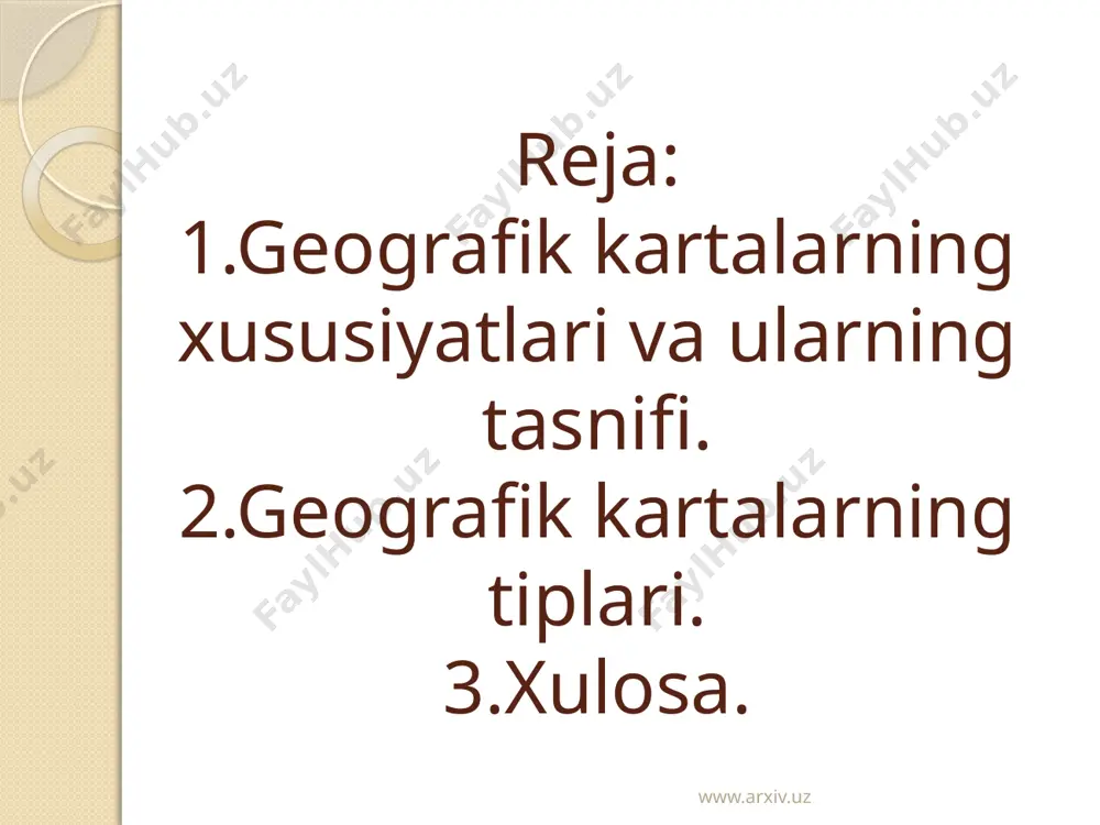 ng tasniflanishi mazmuni maqsadi masshtabi egallagan hududi bo’yicha kartalar quyidagilarga bo’linadi dunyo kartalari materik kartalari davlat kartalari viloyat kartalari tuman kartalari www.arxiv.uz www.arxiv.uz mavzuli kartalar 2 qismdan tashkil topgan. tabiiy yoki tabiiy geografik kartalar ijtimoiy-iqtisodiy kartalar tabiiy yoki tabiiy geografik kartalar tabiiy geografik kartalar, geografik muhit komponentlari (atmosfera,gidrosfera, biosfera) yoki shu komponentlarni o’rganuvchi fanlar bo’yicha bo’linsa ham maqsadga muvofiq bo’ladi. www.arxiv.uz www.arxiv.uz ijtimoiy-iqtisodiy kartalar ijtimoiy-iqtisodiy kartalar ham o’z navbatida aholi, iqtisodiyot, madaniyat, siyosiy-ma’muriy, maishiy xizmat ko’rsatish kartalari vaboshqa turlarga bo’linadi. www.arxiv.uz www.arxiv.uz www.arxiv.uz umumgeografik kartalar xususiyatiga ko’ra 3 turga bo’linadi. topografik kartalar 1:200000 gacha obzortopografik kartalar 1:200000-1:1000000 gacha obzor kartalar 1:1000000 dan mayda www.arxiv.uz umumgeografik kartalar mazmuni bo’yicha quyidagilarga bo’linadi. ijtimoiy-iqtisodiy kartalar tarixiy kartalar tabiiy geografik kartalar tabiiy- geografik kartalar:: 1.geologik stratigrafik tektonik, litologik, uchlamchi davr,to’rtlamchi davr,gidrologik, geoximik, foydali qazilmalar,seysmiologik,vulkanizm kartalari va boshqalar; 2.umumiy tabiiy geografik kartalar 3.geofizik kartalar 4.yer yuzasini relefi,gipsometrik,morfometrik, morfografik, geomorfologik kartalar; 5.meterologik va iqlim: xarorat, shamollar, …