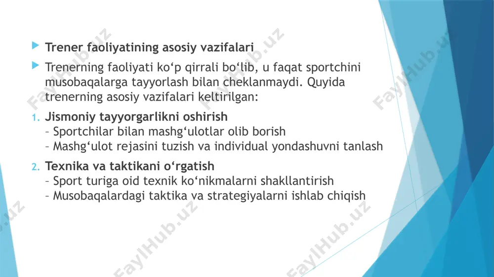 portchining ruhiyatiga salbiy ta’sir ko‘rsatishi, uning muvaffaqiyatlariga to‘sqinlik qilishi mumkin. shuning uchun, trener va sportchi o‘rtasida ishonchli muhitni yaratish, axloqiy tamoyillarga qat’iy rioya qilish jamiyatda sog‘lom va barkamol avlodni tarbiyalashga xizmat qiladi. adabiyotlar ro‘yxati abdullayev, a. (2015). sport tarbiyasi va etika. toshkent: o‘zbekiston respublikasining sport va jismoniy tarbiya ilmiy-texnika nashriyoti. ibrohimov, a. (2018). trenerlik kasbi: axloqiy va kasbiy me’yorlar. toshkent: fan va texnologiya. xudoyberganov, u. (2017). sportda etika va axloq. samarqand: samarqand universiteti nashriyoti. kurbanov, s. (2020). trenerning axloqiy tamoyillari. toshkent: milliy pedagogika nashriyoti. shomurodov, b. (2019). sport psixologiyasi va trenerlik metodikasi. buxoro: buxoro davlat universiteti nashriyoti. yuldashev, d. (2016). sportda etika va axloqiy masalalar. toshkent: o‘zbekiston pedagogika universiteti nashriyoti. image1.jpeg image2.jpeg image3.png /docprops/thumbnail.jpeg