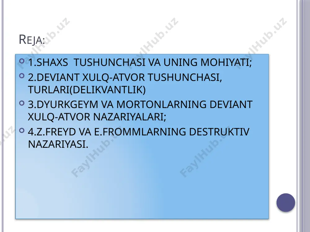 shaxs va guruxlar,shaxsning sotsiol fe’l atvorini tartibga solish qonuniyatini o’rganish bilan chambarchas bog’liq. shaxs bu insonning jismoniy tabiati emas,balki uning ijtimoiy sifatidir.shaxs ehtiyojlari uning manfaatlari orqali namoyon bo’ladi.manfaatlar esa uni maqsadli faoliyatiga yo’llaydi.kishilarning ijtimoiy munosabatlari ularning xulqlarida ,eng avvalo manfaatlar tarzida namoyon bo’ladi.bu esa o’z navbatida shaxs faoliyatining maqsadini,mazmuni va moxiyatini ifodalaydi shaxs to’g’risidagi nazariyalar. karl marks va f. engels tomonidan asos solingan shaxs ijtimoiy faoliyat va munosabat sub’yekti va ob’yekti to’g’risidagi marksistik nazariyada asosiy e’tibor shaxs va jamiyatning o’zaro munosabatiga qaratilgan.marksistik sotsiologiyada shaxsning moddiy faoliyati jarayonida yuzaga keluvchi va ongining muayyan xususiyatlarini aks ettiruvchi sub’yektiv jihatlari ko’proq tadqiq qilingan. amerika sotsiologlari t. znanetskiy va ch. tomaslar asos solgan shaxs ijtimoiy xulqini o’z o’zini boshqarishning dispazitsion nazariyasida shaxs xayotidagi dunyoqarashlilik va qadriyatli normativ omillariga ko’proq axamiyat beriladi.bu nazariyaga ko’ra shaxs ongi uning xayotiy o’rnini belgilaydi.shaxs dunyoqarashi ,ijtimoiy qadriyati ,g’oyaviy va ma’naviy normalar uning faoliyatini belgilovchi asosiy omillardir. sotsiologiyada amerikalik d.j.mid …