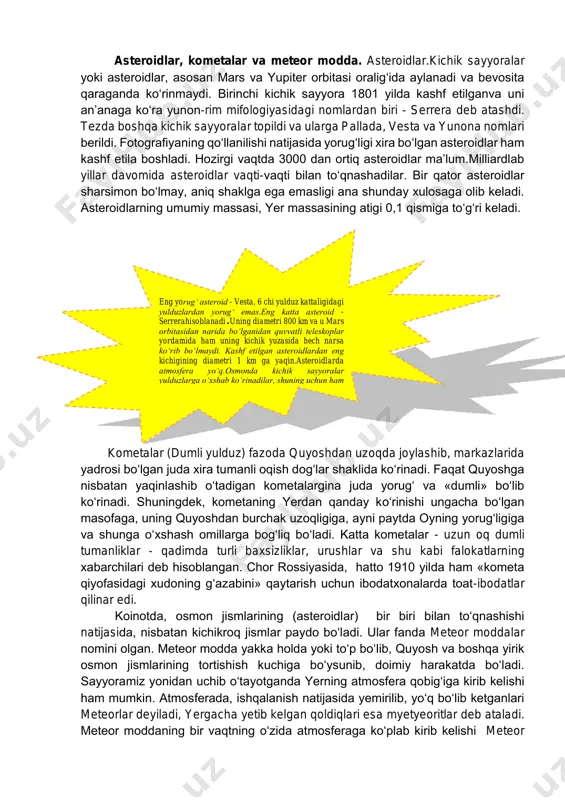 (merkuriy, venera, yer, mars) va tashqi (yupiter, saturn, uran, neptun). ularda bir-biridan tubdan farq qiladigan xususiyatlari mavjud. masalan, astronomik apparatlar yordamida tekshirish natijasida ma’lum bo‘lishicha, ichki sayyoralar atmosferasi tashqilarnikiga qaraganda ancha siyrak. merkuriyda atmosfera yo‘q, venera va marsda so2 dan iborat juda zich atmosfera. tashqi sayyoralar atmosferasi juda qalin, zich bo‘lib, asosan metan, ammiak va vodoroddan iborat. gigant sayyoralar ichki sayyoralarga qaraganda o‘z o‘qlari atrofida juda katta tezlik bilan aylanadilar. plutonning fizik tabiati, gigant sayyoralardan tubdan farq qilganligi uchun uni tashqi sayyoralar qatoriga qo‘shib bo‘lmaydi. saturn ham o‘ziga xos, uning atrofida xuddi yo‘ldoshlari kabi son-sanoqsiz mayda jismlardan tashkil topgan xalqalar tizimi aylanadi. xalqalarning eni 70000 km, qalinligi 5 km. quyosh sistemasida 40000 ga yaqin kichik sayyoralar (asteroidlar) borligi taxmin qilinsa-da, ammo shulardan 2 mingtasi topilib, orbitalari aniqlangan. quyosh sistemasida yana kometalar ham mavjud. kometalarning quyosh atrofida aylanish davrlari bir necha o‘n yildan ortiq emas. har yili astronomlar tomonidan 5-10 tacha …