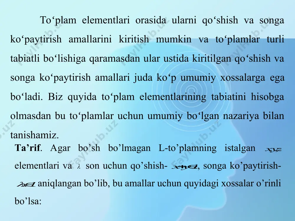 аkslаntiruvchi оpеrаtоr bеrilgаn dеyilаdi. bu оpеrаtоrni dеb bеlgilаb, аkslаntirishni shаkldа ifоdа etilаdi, bu аkslаntirishdа x ning y gа mоs kеlishi kаbi yozilаdi. tа’rif. agar istаlgаn va son uchun tenglik o’rinli bo’lsa, u holda operator chiziqli operator deyiladi. 1 l 1 lx 2 l 1 l 2 l a 21 : lla yax 21 ,lylx     xaxa ayaxyxa   12:all chiziqli operator va uning matritsasi chekli chiziqli x fazoda a chiziqli operator berilgan bo‘lsin,  nxdim . faraz qilaylik x fazoda n lll ,,, 21  bazis vektorlar. bularga asoslanib, quyidagilarni belgilab olaylik:   1 3121111 ,,,, n aaaaal    23222122 ,, n aaaaal  ………………………..   nnnnnn aaaaal ,,,, 321  bu yerda n alalal ,,, 21  lar n lll ,,, 21  vektorlarning obrazlari . chiziqli operatorning n lll ,,, 21  bazisdagi matritsasi quyidagicha bo‘ladi . 21 22221 11211 …