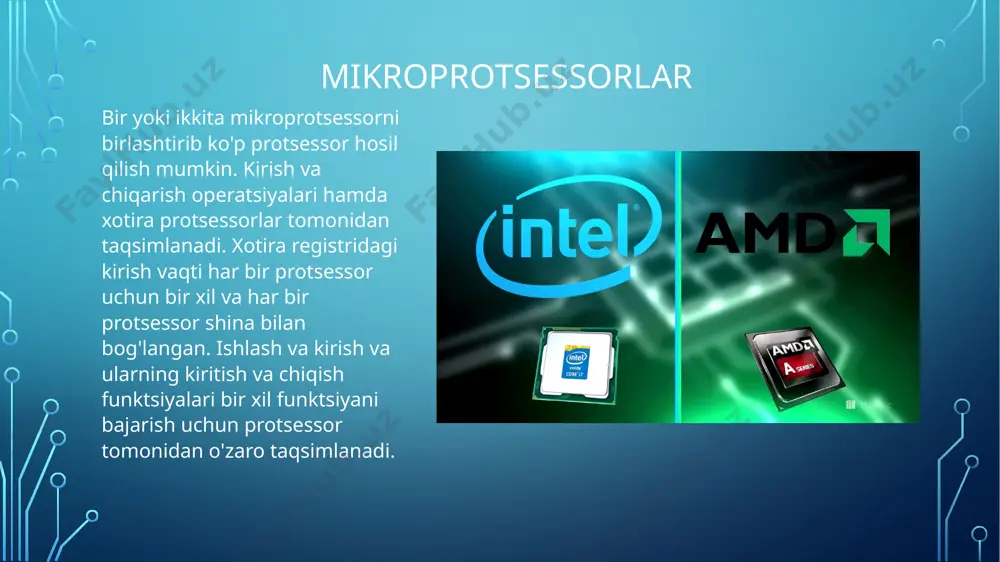 iv protsessoridir. simd mashinalari keng qo'llanilmasa ham, ba'zi an'anaviy kompyuterlar multimedia ma'lumotlarini qayta ishlash uchun simd ko'rsatmalaridan foydalanadi. pentium protsessorlaridagi sse ko'rsatmalari simd ko'rsatmalari sifatida tasniflanadi. har holda, "simd dunyosi" dan olingan g'oyalar birinchi o'ringa chiqadigan bir soha bor, bu oqim protsessorlari. stream protsessorlari multimedia ishlovi uchun maxsus ishlab chiqilgan va kelajakda muhim rol o'ynashi mumkin xulosa protsessor har qanday kompyuterning yuragi. mobil, statsionar - bu muhim emas. u qurilmaning hisoblash kuchini aniqlaydi. agar protsessor kuchi kompyuterga yuklangan vazifalarga mos kelmasa, bu kompyuter bilan ishlash turli qiyinchiliklarni keltirib chiqarishi mumkin, bu birinchi navbatda ishlashning pasayishi va natijada ish vaqtining samarasiz sarflanishi bilan ifodalanadi. shuning uchun protsessorning imkoniyatlari kompyuter sotib olinayotgan yoki qurilayotgan vazifalarga mos kelishi muhim ahamiyatga ega. va eng muhimi, agar siz o'yin kompyuterini qurayotgan bo'lsangiz, etarli quvvatga ega protsessorni tanlashingiz kerak, chunki agar siz yetarlicha kuchli protsessordan foydalanayotgan bo'lsangiz, hatto eng zo'r video kartaning imkoniyatlari ham cheklangan bo'lishi …