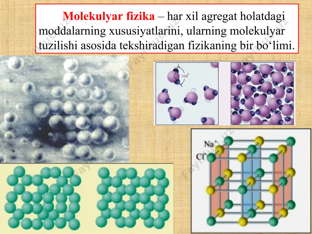 gan. bolsman maksvellning elektromagnit maydon nazariyasini rivojlantirish va ommalashtirish sohasida ko‘p ishlar qildi. tabiatan kurashchi bo‘lgani holda u issiqlik hodisalarini molekulyar nuqtai nazardan talqin etish zarurligini qat’iy himoya qildi va molekulalar borligini inkor etuvchi olimlar bilan bo‘lgan kurashning asosiy qiyinchiligini o‘ziga oldi. 1. molekulyar-kinetik nazariyaning asosiy qoidalari 1. molekulyar-kinetik nazariyaning asosiy qoidalari mkn ning to‘g‘riligini tasdiqlaydigan hodisalar: - moddalarning mexanik bo‘linishining mumkinligi. - gazlarning kengayishi va siqilishi. - suyuqliklarda moddalarning erishi. -suyuqliklarning oqish qobiliyati. - elektron mikroskoplarda molekula va atomlarning tasvirini olinishi. 1. molekulyar-kinetik nazariyaning asosiy qoidalari -diffuziya hodisasi (bir-biri bilan chegaradosh ikki modda molekulalarining xaotik harakati natijasida o‘zaro aralashib ketish hodisasi). -broun harakati (suyuqlik yoki gazlarda muallaq holatdagi qattiq va erimaydigan zarrachalarning uzluqsiz xaotik harakati). 1. molekulyar-kinetik nazariyaning asosiy qoidalari 1. molekulyar-kinetik nazariyaning asosiy qoidalari robert broun (1773-1858) albert eynshteyn (1879-1955) marian smoluxovskiy (1872-1917) jan batist perren (1870-1942 1. molekulyar-kinetik nazariyaning asosiy qoidalari - molekula tezligining o‘lchanilishi (shtern tajribasi). …