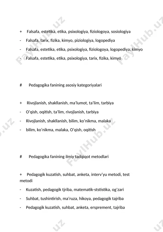 s. o`quv reja, o`quv dastur, darslik, qo`llanmalar - o`quv reja, dastur, k.t.m.d - darslik, qo`llanmalar, ta’lim usullari, ish rejasi - o`quv dastur, “ta’lim to`g`risidagi qonun,” d.t.s, # tarbiya metodlari berilgan qatorni toping? + ongni shakllantirishga xizmat qiluvchi, odatlantirish, mashqlantirish, rag`butlantirish, jazolash - sistemalashtirish, umumlashtirish, tushuncha hosil qilish - an’anaviy, yakka, noan’anaviy - kuzatish, suhbat- anketa, eksperiment laboratoriya # qaysi olim sinf-dars tizimini ilmiy – nazariy va pedagogik jihatdan asoslab bergan? + komenskiy - baungarten - beruniy - ushinskiy # o`quvchilarda tejamkorlik, mexnatsevarlik, tashabbuskorlik, ishbilarmonlik kabi bilimlarni o`rgatuvchi tarbiya turi? + iqtisodiy - huquqiy - aqliy - mehnat tarbiyasi # soqov, kar bolalarni o`qitish va tarbiyalash ishini pedagogikaning qaysi tarmog`i olib boradi? + surdo - tiflo - oligrofeno - oliy # ta’lim jarayonida egallangan bilim, ko’nikma, malaka va fikrlash usullati tizimi bu- + ta’lim - tarbiya - bilish jarayoni - anglash # fidoiylik, intiluvchanlik, tashabbuskorlik, matonat, uyushqoqlik. bu sifatlar shaxsda qaysi …
