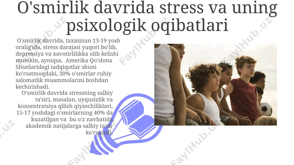 , bu esa aqshdagi o'smirlar o'rtasida o'rganilgan. o'smirlik davrida psixologik salomatlik va ruhiy qo'llab-quvvatlash samarqand viloyatida oʻtkazilgan soʻrovnomalar natijalariga koʻra, 25% oʻsmirlar oʻzlarini yolgʻiz va tushunilmagan his qilishadi, shuning uchun oilaviy va maktabdagi psixososial qoʻllab-quvvatlash muhim ahamiyat kasb etadi. andijon shahrida oʻtkazilgan 500 oʻsmir orasida olib borilgan tadqiqotlar natijasida aniqlanganidek, stress darajasi yuqori boʻlgan oʻsmirlarning 40% da uyqusizlik va toʻliq dam ololmaslik muammolari kuzatiladi. o'smirlik davrida psixologik rivojlanishning asosiy xususiyatlari o'smirlik davrida (taxminan 15-17 yosh oralig'ida) abstrakt fikrlash qobiliyati yuksaladi, bu esa samarqanddagi talabalar orasida o'tkazilgan tadqiqotlar natijalariga ko'ra, murakkab muammolarni hal qilish va murakkab tushunchalarni qabul qilish imkonini beradi. o'smirlik davrida (13-18 yosh) miya tuzilmalarining, xususan, prefrontal korteksning tez rivojlanishi kuzatilib, qaror qabul qilish va impulslarni nazorat qilish qobiliyatini shakllantiradi, ammo bu jarayon to'liq 20 yoshga to'lguncha yakunlanmaydi. e'tiboringiz uchun rahmat @taqdimot_robot image4.jpg image5.jpg image6.jpg image7.jpg image8.jpg image9.jpg image10.jpg image11.jpg image1.jpeg image2.jpeg image3.jpeg