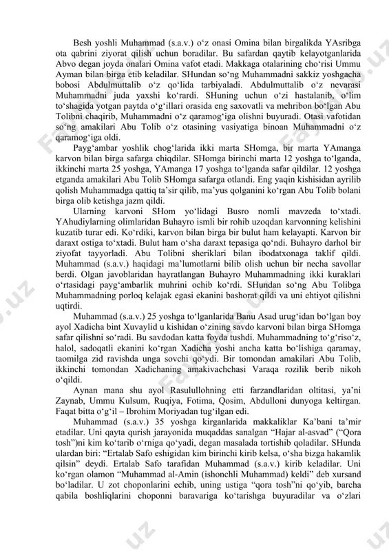 a kishilar “haniflar” deb atalgan. ular sanamlarga sig‘inmas, balki yagona xudoga ibodat qilganlar. haniflar ochiqdan-ochiq butparastlarni tanqid qilardilar. bu tanqidlar, tabiiyki, zodagonlarga yoqmas edi. shuning uchun ham ular bir erda muqim turmay, o‘lka bo‘ylab ko‘chib yurishga va qalandarona hayot kechirishga majbur bo‘ldilar. ushbu toifa kishilardan zayd ibn amr, varaqa ibn navfal, ubaydulloh ibn jahsh, usmon ibn huvayris, quss ibn sayidolarni keltirish mumkin. “islom” – (arab. bo‘ysunish, itoat etish) – allohga til bilan imon keltirib, dil bilan tasdiqlash, uning ko‘rsatmalariga bo‘ysunishni anglatadi. muhammad payg‘ambar hayoti. muhammad ibn abdulloh ibn abd al-muttalib arabiston tarixida “fil voqeasi” nomi bilan mashhur jangdan 50 kun keyin tavallud topgani haqida ilk islom manbalarida xabar beriladi. misrlik astronom mahmud poshoning ta’kidlashicha, payg‘ambarning tavallud sanasi milodiy 571 yil 21 aprelga to‘g‘ri keladi. otalari abdulloh o‘z o‘g‘li muhammad tug‘ilmasidan oldin savdo ishi bilan shomdan qaytayotib yasribda (hozirgi madina shahrida) vafot etgan. onalarining ismi omina bint vahb bo‘lib, banu zuhra …
