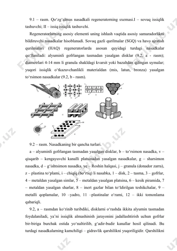 l etadi (9.2, g - rasm). teshikli metallarni issiqlik sig‘imi inert gazlar (geliy va neon) sovutish qurilmalarini (20k va unlan past) pst haroratlarda samardorli ishlashi uchun zarur bо‘lgan nasadkaning yuqori issiqlik akkumulyatsiyalash qobiliyatini ta’minlaydi. haq si nasadkasining ixchamligi nasadkaning yuza maydonini band qilgan hajmiga nisbatini tavsiflaydi va u 1000-2000 m2/m3 ni tashkil etadi. sgq qurilmalarida ixchamlik 104-105 m2/m3 ga yetadi [26]. qо‘zg‘almas, mavhum qaynash (“qaynovchi”) yoki uzatuvchi qatlamli moslamalar uchun nasadkalar roshig halqasidan qilinadi (9.2, ye - rasm), ular alyuminiy oksidli, magniy, sirkoniylardan bajarilib 6-12 mm о‘lchamli shariklar va kroshkalar (maydalangan jismlar) shaklida yasaladi. bunday nasadkalarni materiali yuqori solishtirma issiqlik sig‘imiga ega bо‘lish kerak, issiq va kimyoviy bardosh bо‘lishi, haroratlar birdan о‘zgarganda parchalanmasligi, bug‘lanmasligi, yemirilmasiligi va zarba yuklamasiga bardoshli bо‘lishi kerak. qaynoq oqimli qaynov qatlamli rejimda nasadkalar tо‘qnashganda qoplama 9 ning qizishi sodir bо‘ladi, granulaning yadrosi 10 esa eriy boshlaydi. bundan issiq gaz oqimidan material yadrosiga erish yashirin issiqligiga teng …