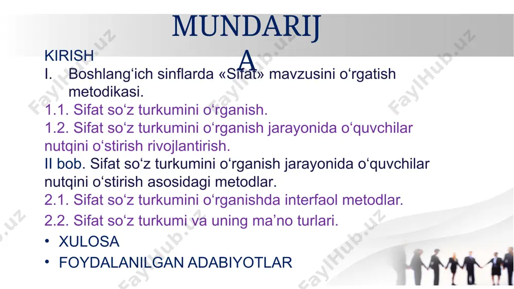 a demokratik davlat va fuqarolik jamiyati qurish maqsad qilingan va bu amalga oshirilayotgan ekan, bu jarayonda yoshlarning o‘rni va roli alohida ahamiyatga ega . zero,yoshlar bizning kelajagimiz , avlodlardan meros qolgan muqaddas zaminni yuksaltirish, ilg‘or davlatlar darajasiga ko‘tarish ularning bilimi, iste’dodi, jasorati, ma’naviy barkamolligiga erishdirish. sifat so‘z turkumini o‘rganish jarayonida o‘quvchilar nutqini o‘stirish. 1.1. sifat so‘z turkumini o‘rganish. sifat bilan (atamasiz) dastlabki tanishtirish (birinchi bosqich) sifatning leksik ma'nosi va so‘roqlari ustida kuzatish o‘tkazishdan boshlanadi. predmetning belgilari xilma-xil bo‘lib, uni rangi, mazasi, shakli; xil-xususiyatlari tomonidan tavsiflaydi. shunday ekan, sifat tushun-chasini shakllantirish uchun uning ma'nolarini aniqlash talab etiladi. albatta, suhbat asosida o‘quvchilar olma,ip so‘zlari nima? so‘rog‘iga javob bo‘lib, predmet nomini bildirishi, qizil, shirin, yumaloq kabi so‘zlar qanday? so‘rog‘iga javob bo‘lib, predmetning belgisi (rangi, mazasi, shakli)ni bildirishini aniqlaydilar. o‘qituvchi atrofimizni o‘rab olgan pred-metlarning o‘z belgilari borligini, ular bir-biridan shu belgilar bilan farqlanishini yana bir-ikki misol bilan tushuntiradi (qanday? daraxt - katta, chiroyli, sershox, …