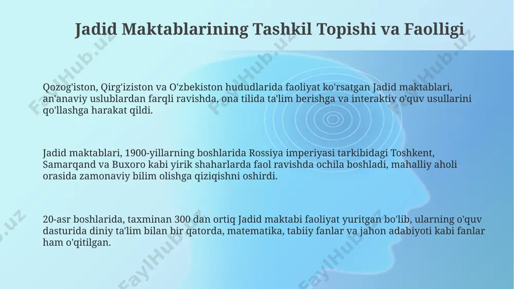 ilib, taxminan 100 dan ortiq oʻquv qoʻllanmalarini, jumladan, ona tili, matematika va tarix darsliklarini yaratdilar. jadid pedagogikasi va millat shuʼuri жадид педагогикасининг 1900-1920 йиллардаги тарқалиши тошкент, самарқанд ва бухоро каби йирик шаҳарлардаги мадрасаларда анъанавий таълимга 20 дан ортиқ янги методларни жорий этилиши билан белгиланди. жадид мактабларида 3000 дан ортиқ ўқитувчи миллий ҳис-туйғуларни кучайтиришга қаратилган адабиёт, тарих ва география каби фанларни ўқитиш орқали ўзбек миллатининг ўзига хос маданиятини ривожлантиришга ҳисса қўшди. фарғона водийсидаги жадид таълими ўзбек тилидаги дарслик ва адабиётларнинг яратилишига, шунингдек, 50 дан ортиқ янги мактабнинг очилишига олиб келди, бу эса миллий онгни шакллантиришга катта таъсир кўрсатди. e'tiboringiz uchun rahmat @taqdimot_robot image1.png