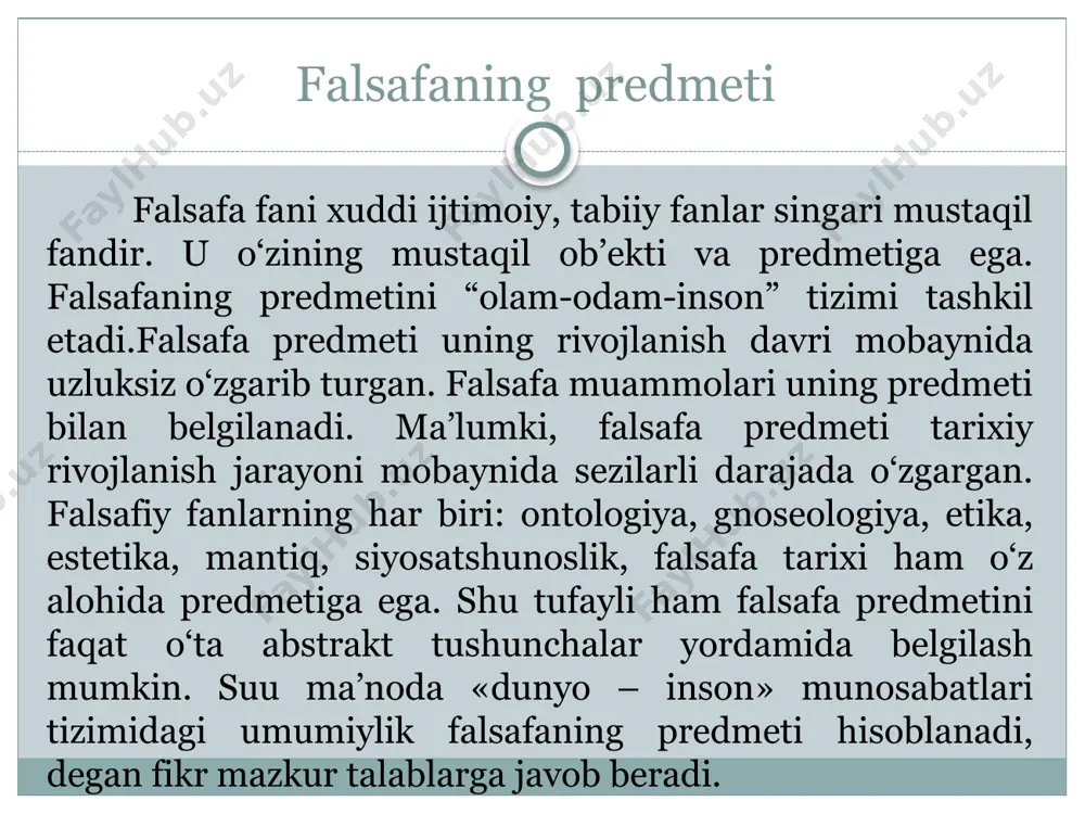 nosabatning xilma-xillikka asoslangani holda, unga yaxlit, umumlashgan tahriflar ham berilgan. falsafaga ijtimoiy ong shakli bo‘lgan madaniyat, sanhat, qadriyat nuqtai nazaridan qaraydigan bo‘lsak, uning milliylikni aks ettirish imkoniyati tuqiladi. ammo ontologiya, gnoseologiya, naturfilosofiya, antropologiya kabi fan sohalari nuqtai nazaridan qaralsa, ushbu tahrifda umuminsoniylik va universallik falsafaning asosiy hususiyati ekanini tahkidlash lozim bo‘ladi. haqiqiy falsafa tafakkur mahsuli bo‘lgan narsalarni oliy darajadagi haqiqat sifatida mutloqlashtirmaydi. bu borada suqrotning «men hech narsani bilmasligimni bilaman» degani ehtirofi haqiqat mehzonidir. holbuki, suqrot qadimgi yunonistonning eng bilimli faylasufi bo‘lgan. u bilimdon, bahs-munozara chog‘ida har qanday suhbatdoshni ham mot qilib qo‘ya olgani haqida tarixda misollar ko‘p. falsafiy bilimlar rivoji o‘zluksiz jarayon bo‘lib, u insoniyatning tafakkur bobida ilgari erishgan yutuqlarni tanqidiy baholashni taqozo etadi. biroq bu — ularni tamoman rad etish, ko‘r-ko‘rona tanqid qilish lozim degani emas, balki ularga xos barcha xato va kamchiliklarni anglab, yaxshi va ijobiy jihatlaridan foydalanish demakdir. ana shunday tanqidiy endashuv va vorislik falsafaning muhim …