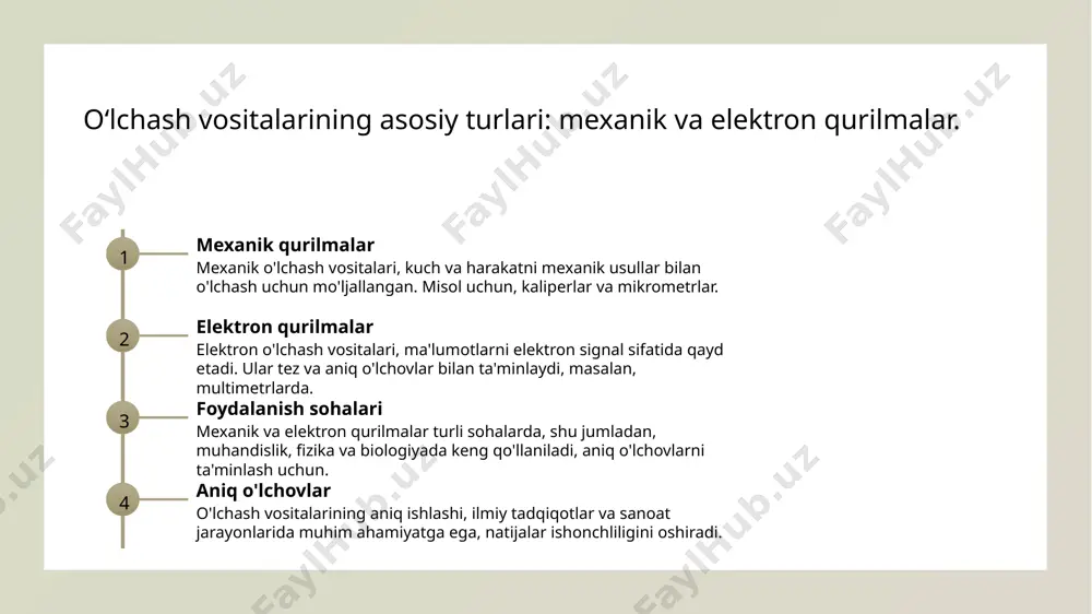 r, natijalar ishonchliligini ta'minlaydi. ilmiy tadqiqotlar o'lchash vositalari ilmiy tadqiqotlarda muhim ahamiyatga ega, ular yordamida eksperimentlar o'tkazilib, yangi bilimlar kiritiladi va nazariyalar tasdiqlanadi. ilmiy o‘lchash vositalarining aniq ma'lumot to‘plashdagi roli. ilmiy aniq o'lchovlar ilmiy o'lchash vositalari, aniq va ishonchli ma'lumotlar to'plashda muhim ahamiyatga ega bo'lib, tajribalar va tadqiqotlar uchun asos yaratadi. ma'lumotlarning to'g'riligi o'lchash vositalari, masalan, termometrlar va ph metrlari, ma'lumotlarning to'g'riligini ta'minlab, ilmiy natijalarni aniqlikka olib keladi. takroriylik va ishonchlilik ilmiy o'lchash vositalari takroriy o'lchovlarni amalga oshirish imkoniyatini beradi, bu esa natijalarni tasdiqlash va ishonchlilikni oshirishga yordam beradi. innovatsion yondashuvlar zamonaviy o'lchash texnologiyalari, masalan, sensorlar va raqamli qurilmalar, ilmiy tadqiqotlarda ma'lumot to'plash jarayonini tezlashtiradi va yanada aniq amalga oshiradi. o‘lchash texnologiyalarining ilmiy tadqiqotlarda qo‘llanilishi. 1 ilmiy tadqiqotlar uchun kerakli o'lchovlar o'lchash texnologiyalari ilmiy tadqiqotlarda tajribalarni to'g'ri o'tkazish uchun zarur bo'lib, natijalarni aniq olishda muhim rol o'ynaydi. 2 o'lchash vositalarining turlari turli ilmiy sohalarda foydalaniladigan o'lchash vositalari mexanik, elektron va …