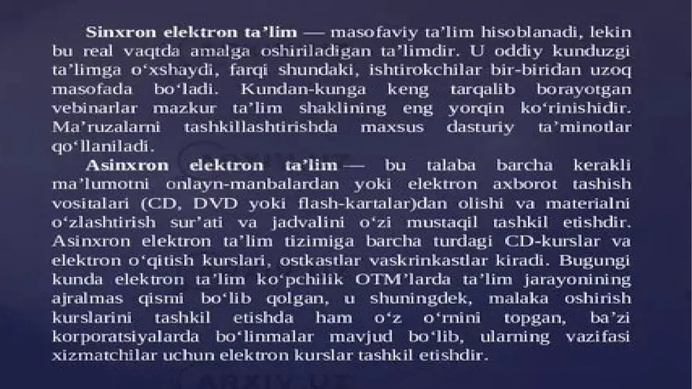 ) bahs-munozarani o’quv kursi maqsadlariga muvofiq holda boshqarib va yo’naltirib boradi. shunday qilib, kompyuter texnologiyasidan foydalanish koliktiv faollikni, motivatsiyani, aqliy faoliyatni shakllantirishga yordam beradi, görünürlüğünü oshiradi va axborot uzatishda bir vaqtning o‘zida bir necha retseptorlardan foydalanishga imkon beradi. bu kompyuter texnologiyasini maktab yoshidagi bolalarni o‘qitish va rivojlantirish samaradorligini oshirishning muhim usuli sifatida ko‘rib chiqish imkonini beradi. biroq ulardan foydalanishning ko‘plab ijobiy tomonlari ulardan foydalanish shartlariga beparvo qaramasligi va an&amp;apos;anaviy ta&amp;apos;lim usullaridan to‘liq foydalanmasligi kerak, aksincha ularning kombinatsiyasi izchil va mos bo‘lishi kerak maxsus ishlab chiqilgan instrumental vositalardan foydalanish kompyuter o’quv dasturlarini yaratish jarayonini yengillashtiradi. ular yordamida xattoki kompyuter texnologiyalardan uzoq bo’lgan tarix, falsafa, menejment va boshqa ijtimoiy-gumanitar fanlar o’qituvchilari turli o’qitish dasturlarini yaratishlari mumkin. www (world wide web). internetning bu turdagi eng ommabop tizimi o’qitishning yangi modelini rivojlantirishga olib bormoqda. web saxifalar asosida turli tuman o’quv kurslari yaratilmoqda. web texnologiya tovush, video, grafikani qo’llash imkoniyatiga ega bo’lsa ham, hozirgi kunda …