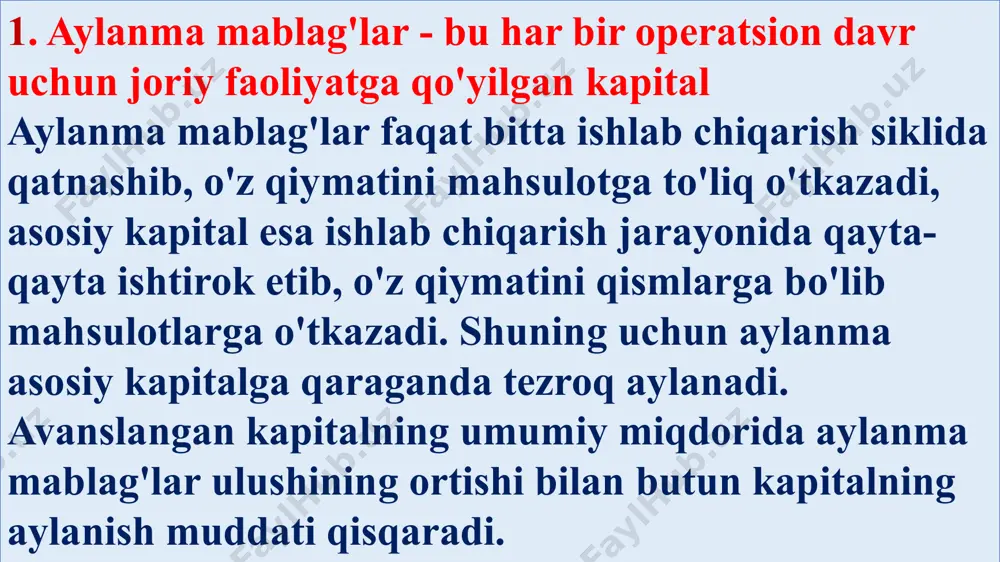 ahsulotlar shaklida bo'ladi. aylanma mablag'lar muomalasining uchinchi bosqichi (tovar-pul) yana aylanma sohasida sodir bo'ladi. tayyor mahsulotni sotish natijasida aylanma mablag'lar yana pul shaklini oladi. aylanma kapitalni rejalashtirish va undan foydalanishni tashkil qilish uchun unga nisbatan bo’lgan ehtiyojni aniqlash usullari va rejalashtirish tizimini ishlab chiqmoq lozim. moddiy resurslar va ular zaxiralarining harakatini boshqarish tizimini avtomatlashtirish xususida o’ylamoq, aylanma kapital va uni shakllantirish manbalaridan samarali foydalanish, materiallarning sarflanishi va ularning saqlanishi ustidan nazoratni ta’minlash kerak. yuqoridagilarni amalga oshirish maqsadlariga xizmat qilish uchun aylanma mablag’lar quyidagi ikki guruhga bo’linadi: - me’yorlashtiriladigan aylanma mablag’lar; - me’yorlashtirilmaydigan aylanma mablag’lar. me’yorlashtiriladigan aylanma mablag’larga aylanma ishlab chiqarish fondlari va realizatsiya qilinmagan tayyor mahsulot zaxiralari kiradi. me’yorlashtirilmaydigan aylanma mablag’lar esa ombordagi tayyor mahsulot zaxiralaridan tashqari muomala fondlarining barcha elementlarini o’z tarkibiga oladi. aylanma kapitalning o’lchamini optimallashtirish uchun moddiy aylanma mablag’larning rejalashtirilishi amalga oshiriladi. moddiy aylanma mablag’larni rejalashtirishning asosini normativ usuli tashkil etadi. unga ko’ra aylanma mablag’larning normativi belgilanadi, …