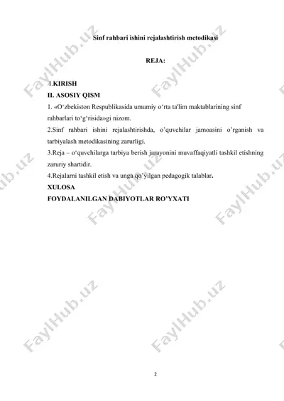 sinf rahbari ishini rejalashtirish metodikasi — DOCX