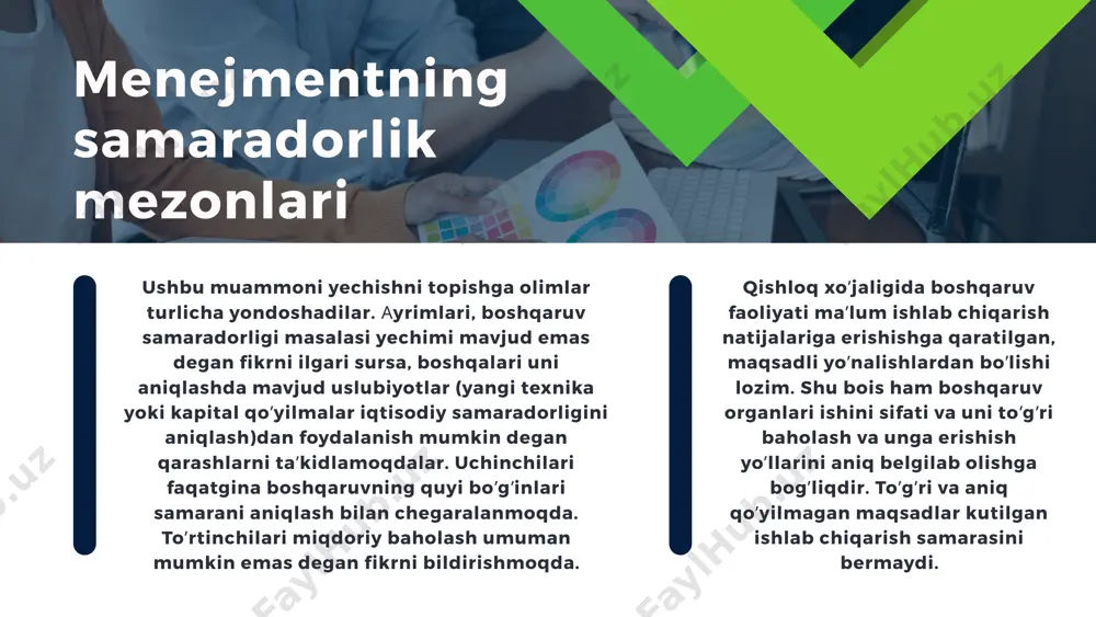 romad olishga qaratilgandir. menejmentning vazifasi ishlab chiqarishda maksimal samaraga erishish boʼlganligi sababli, menejment tizimi samaradorligi ham nafaqat boshqaruv jarayonining oʼzida balki boshqaruv obʼektidagi oʼzgarishlarda ham aks ettirilishi lozim. bu oʼrinda menejment samaradorligining umumiy mezoni, menejment obʼekti oldidagi maqsadga kam xarajatlar evaziga erishishni taʼminlovchi, menejment tizimi faoliyatining natijasi deb eʼtirof etish mumkin. muayyan sharoitda boshqaruv darajasi yer, mehnat resurslari, ishlab chiqarish resurslari bilan taqqoslash orqali tavsiflanadi. u ishlab chiqarishdagi yuqori koʼrsatkichlarga, meʼyoridan ortiq resurslarni sarf qilish evaziga erishilishi mumkin, iqtisod qilish esa kam xarajat hisobiga past ishlab chiqarish koʼrsatkichlariga erishiladi. shunday qilib qishloq xoʼjaligida menejment tizimining iqtisodiy samaradorligini baholash faqatgina natijaviylik va iqtisodiy koʼrsatkichlar yordamida amalga oshirilishi lozim. raqamli iqtisodiyot s22/33/2-guruh talabasi thank you! menejment va marketing asoslari n.shamsitdinov image1.png image2.svg image3.png image4.svg image5.png image6.svg image7.png image8.svg image9.jpeg image10.png image11.svg image12.jpeg image13.png image14.svg image15.png image16.svg image17.jpeg image18.png image19.svg image20.jpeg image21.jpeg image22.jpeg image23.jpeg image24.png image25.svg image26.jpeg image27.png image28.svg image29.jpeg image30.png image31.jpeg /docprops/thumbnail.jpeg