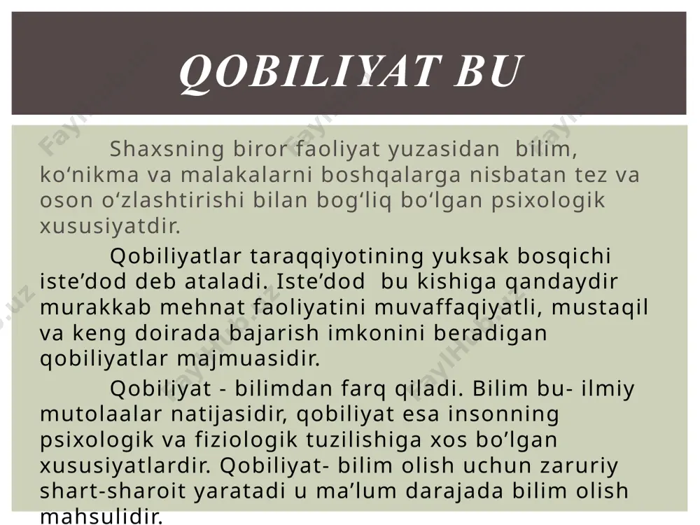 bilishida va o’zlashtirishda namoyon etishidir. 2. akadеmik qobiliyat qisqa daqiqalarda auditoriya holatini idrok qila olish fazilati ya’ni tashqi olamni va muhitni sezish, idrok etish ya’ni kuzatishda muhim ahamiyatga ega. o’qituvchi o’quvchining psixologiyasini va psixik holatini o’ziga singdirib idrok etadi. 3. pеrsеptiv qobiliyat ixcham, ma'noli, ohangdor, muayyan ritm chastotaga ega bo‘lgan nutq, nutqning jarangdorligi, uning pauza, mantiqiy urg‘uga rioya qilishi o’qituvchining pedagogik jamoa va ota- onalar bilan o’zaro muloqotga kirishishida muhim bo’lib, bunda o’qituvchi muomala madaniyatini muntazam o’zida singdirib shakllantirib borishi lozim. 4. kommunikativ , nutqiy qobiliyat sinf guruhi yoki kursni uyushtirish va uni boshqarish istе'dodi ya’ni sinf o’quvchilarining o’qituvchi tomonidan turli jamoat ishlariga va to’garaklarga jalb qila olishida namoyon bo’ladi. 5. tashkilotchilik qobiliyati insonning kеlajagini oqilona tasavvur qilish bashorati tarbiyalanuvchilar- da qanday fazilatlar- ni taraqqiy ettirish lozimligini oldindan aytib bera olishidir. 6. psixologik tashxis (diagnoz) qobiliyati qobiliyati (bir nеcha ob'еktlarga bir vaqtning o‘zida ongini qarata olish); o’qituvchida diqqat- ning barcha …