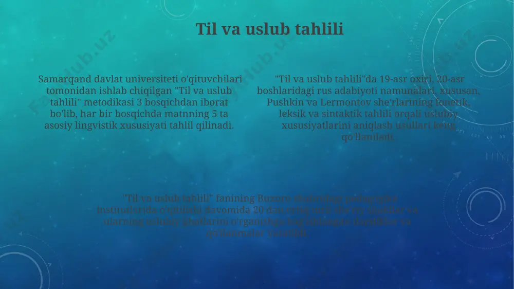 20-asr boshlarida yaratilgan lirik asarlardagi ijtimoiy-madaniy kontekst, turkiston general-gubernatorligi davridagi milliy uyg'onish harakatlarini va 7 ta turli adabiy maktablarning ta'sirini o'z ichiga oladi. buxoro amirligi davridagi (18-19-asrlar) lirik asarlar tahlili, 20 dan ortiq she'rlar orqali hukmdorlarning siyosiy kuchini va 5 ta asosiy qabilalararo munosabatlarni ko'rsatadi. tasvir vositalarining roli туркистон ҳудудида яратилган 15-20 аср шеърларидаги тасвирий воситаларнинг таҳлили, уларнинг маъновий юки ва эмоционал таъсирини ўрганишда етук лингвистик ва адабий таҳлил услубларини талаб этади. шеъриятдаги тасвирий воситалар, хусусан, метафоралар ва эпитетларнинг 30% дан ортиғи 19-аср ўзбек адабиётидаги муҳаббат шеърларида учрайди, бу эса мазкур даврнинг ижтимоий-маданий муҳитини акс эттиради. маъноли таққослаш (метафора) ва сифатли таъриф (эпитет) каби тасвирий воситаларнинг ишлатилишига мисолларни "алишер навоий" асарларидан, хусусан, "хамса"дан 2-3та мисол келтириш орқали таҳлил қилиш мумкин. lirik qahramon va uning xarakteri lirik qahramonning 19-asr rus she'riyatidagi obrazlari, masalan, puşkin va lermontov asarlaridagi qahramonlarning xarakterini tahlil qilishda, ularning ichki dunyosi va motivatsiyasi 3 bosqichda o'rganiladi. to'rtlik she'rlarida …