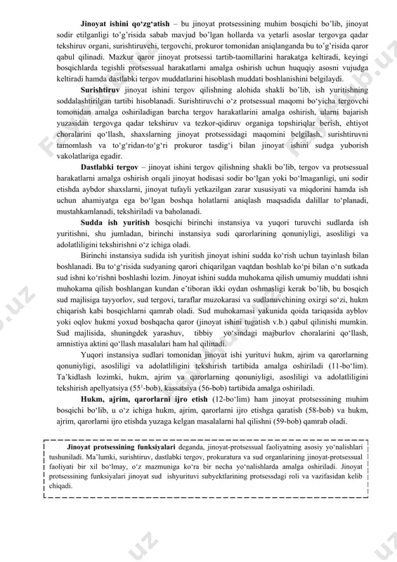 ish vakolatlariga egadir. dastlabki tergov – jinoyat ishini tergov qilishning shakli bo’lib, tergov va protsessual harakatlarni amalga oshirish orqali jinoyat hodisasi sodir bo‘lgan yoki bo‘lmaganligi, uni sodir etishda aybdor shaxslarni, jinoyat tufayli yetkazilgan zarar xususiyati va miqdorini hamda ish uchun ahamiyatga ega bo‘lgan boshqa holatlarni aniqlash maqsadida dalillar to‘planadi, mustahkamlanadi, tekshiriladi va baholanadi. sudda ish yuritish bosqichi birinchi instansiya va yuqori turuvchi sudlarda ish yuritishni, shu jumladan, birinchi instansiya sudi qarorlarining qonuniyligi, asosliligi va adolatliligini tekshirishni o‘z ichiga oladi. birinchi instansiya sudida ish yuritish jinoyat ishini sudda ko‘rish uchun tayinlash bilan boshlanadi. bu to‘g‘risida sudyaning qarori chiqarilgan vaqtdan boshlab ko‘pi bilan o‘n sutkada sud ishni ko‘rishni boshlashi lozim. jinoyat ishini sudda muhokama qilish umumiy muddati ishni muhokama qilish boshlangan kundan e’tiboran ikki oydan oshmasligi kerak bo’lib, bu bosqich sud majlisiga tayyorlov, sud tergovi, taraflar muzokarasi va sudlanuvchining oxirgi so‘zi, hukm chiqarish kabi bosqichlarni qamrab oladi. sud muhokamasi yakunida qoida tariqasida …