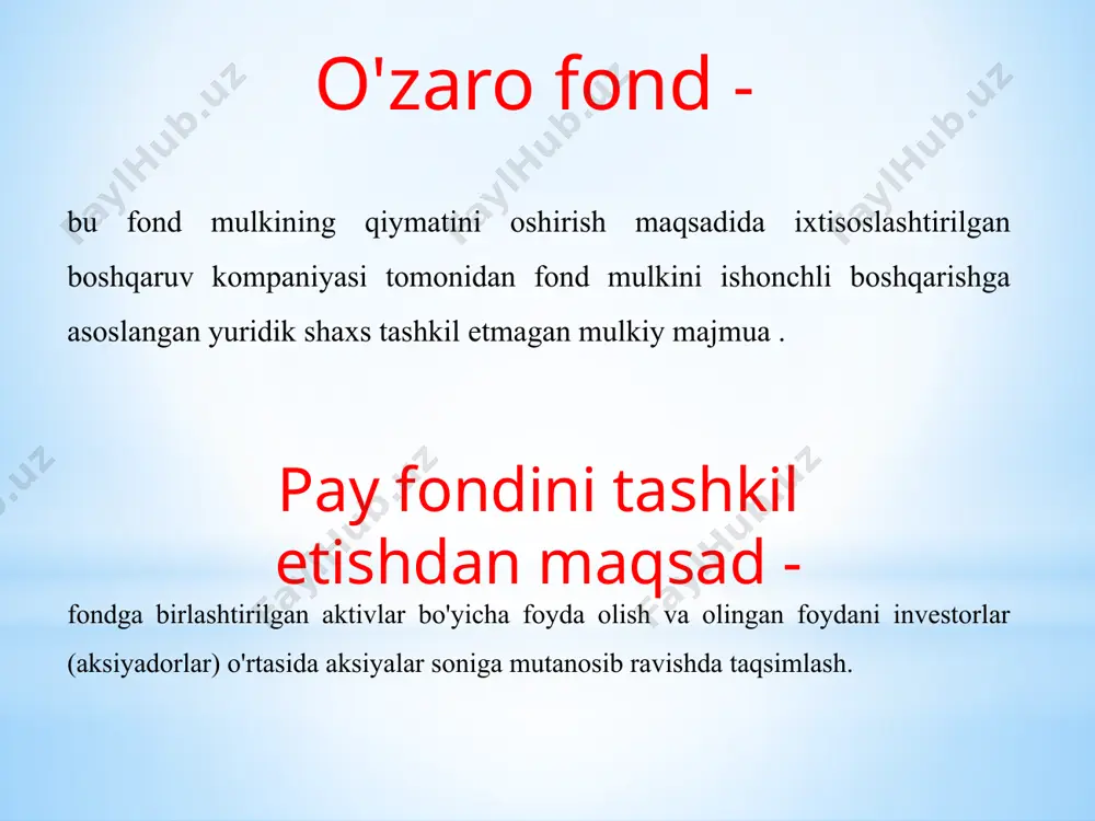 'yxatdan o'tkazish va saqlash uchun qo'shimcha xarajatlar. 3) jamg'arma zarar ko'rgan paytlarda ham boshqaruv kompaniyasiga doimiy ravishda to'lanadigan haq. mukofot miqdori fond sof aktivlari qiymatining 0,5% dan 5% gacha. 4) ko'pincha ochiq investitsiya fondlari uchun qonunchilik fond boshqaruvchisi qanday aktsiya va obligatsiyalarni sotib olishiga cheklovlar qo'yadi. xususiy investor bunday cheklovlarga ega emas. 5) boshqaruv kompaniyalari investitsiya birliklarini chiqarish va sotib olish bilan bog'liq xarajatlarni qoplash uchun chegirmalar va qo'shimcha to'lovlarni joriy qiladilar. 6) agar qimmatli qog'ozlar bozorida narxlarning uzoq muddatli pasayishi boshlansa, u holda investitsiya fondlarining boshqaruv kompaniyalari barcha aktsiyalarni emas, balki aktivlarning faqat bir qismini sotadilar. bir tomondan, ffms fondning investitsiya deklaratsiyasida ko'rsatilgan aktivlar tarkibiga qat'iy rioya qilishni talab qiladi (bu barcha aktivlarni naqd pulga aylantirish imkonini bermaydi), boshqa tomondan, bunday talablar fond bozorining likvidligini qo'llab-quvvatlaydi. investitsion sohalar bo'yicha tasniflash: 1) aktsiyadorlik fondlari 2) obligatsiya fondlari 3) aralash investitsiya fondlari 4) pul bozori fondlari 5) indeks fondlari 6) ipoteka …