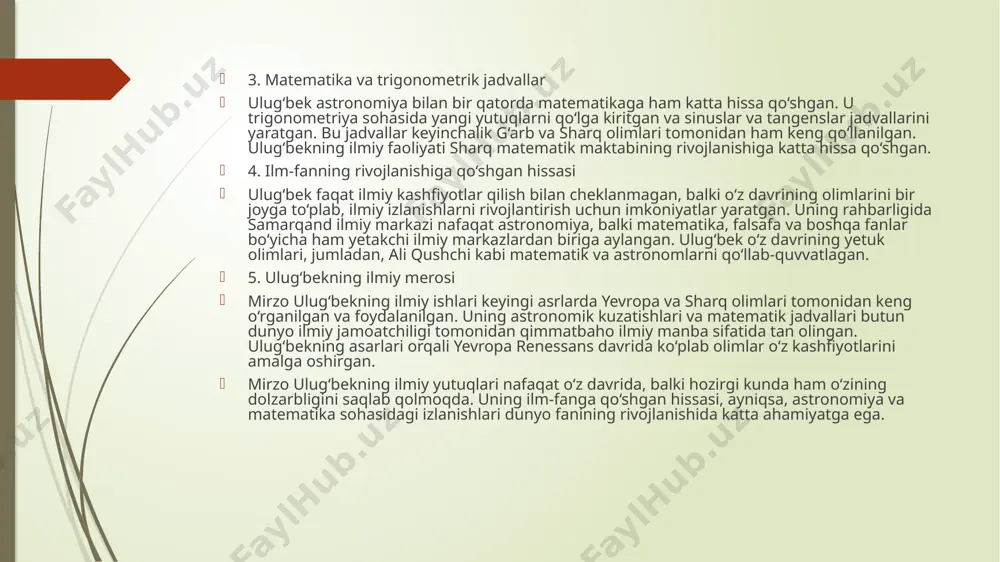 miy va madaniy hayot gullab-yashnagan, u o‘z davrining ilmiy merosini boyitishda muhim rol o‘ynagan. 6. ulugʻbekning ilm-fanga taʼsiri va merosi mirzo ulugʻbekning ilm-fan homiysi sifatidagi faoliyati uzoq yillar davomida sharq va g‘arb ilm-faniga taʼsir ko‘rsatgan. uning samarqandda yaratilgan ilmiy markazlari va rasadxonasi dunyo miqyosida tan olingan va keyinchalik yevropa olimlariga ham ilhom manbai bo‘lgan. ulugʻbekning o‘z davrida ilm-fanni rivojlantirishga qo‘shgan hissasi nafaqat uning hukmronligi davrida, balki keyingi asrlarda ham dunyo ilm-fan taraqqiyotiga katta taʼsir ko‘rsatgan. mirzo ulugʻbekning ilm-fanga homiylik qilishdagi roli uning buyuk olim sifatidagi faoliyatini yanada yuksaltiradi. u nafaqat o‘zi ilmiy izlanishlar olib borgan, balki ilmiy hamjamiyatni rivojlantirish, olimlarni qo‘llab-quvvatlash va ilm-fanni ommalashtirish uchun ham sharoit yaratgan. mirzo ulugʻbekning siyosiy hayoti uning davlat arbobi sifatidagi faoliyati bilan chambarchas bogʻliq bo‘lib, ilm-fan rivojiga qaratilgan homiyligi bilan bir qatorda siyosiy kurashlar va ichki nizolar bilan ham ajralib turadi. u samarqand va movarounnahrning hukmdori sifatida siyosiy barqarorlikka intilgan bo‘lsa-da, uning siyosiy hayoti …