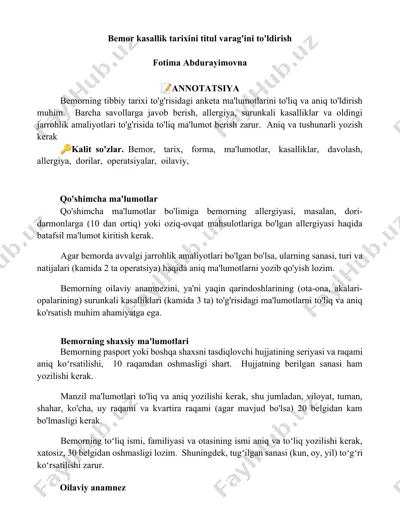 bemor kasallik tarixini titul varag'ini to'ldirish — DOCX