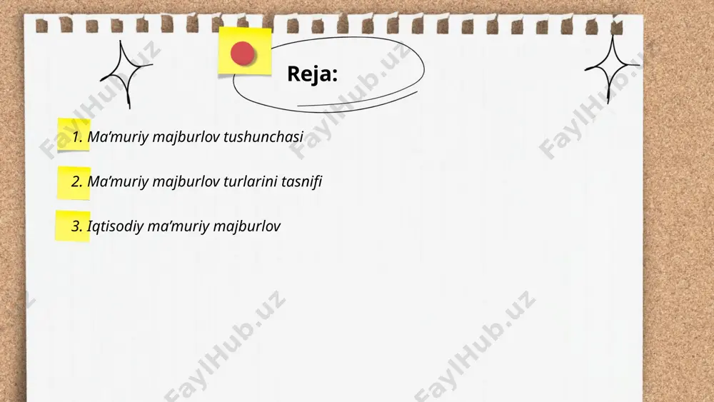 ilgan. ... t.me/slaydai_bot iqtisodiy ma’muriy majburlov iqtisodiyotda davlat tomonidan amal qilinadigan choralar to‘plamini tavsiflaydi. u davlatning iqtisodiy faoliyatni nazorat qilish va tartibga solish vakolatlarini o‘z ichiga oladi. bunga iqtisodiy sanksiyalar, monopoliyaga qarshi choralar va soliqlarni o‘z vaqtida to‘lash uchun jazo choralarini kiritish mumkin. o‘zbekistonda 2020-yilda qabul qilingan farmonlar va qarorlar iqtisodiy ma’muriy majburlovni takomillashtirish va iqtisodiyotni rivojlantirish maqsadida o‘z rolini o‘ynaydi. o‘tgan yillarda budjetning 25% dan ortig‘i ijtimoiy sohalarga ajratildi, bu davlatning o‘z majburlov kuchini qisman ijtimoiy himoyani yaxshilashda qo‘llash maqsadini ko‘rsatadi. ... t.me/slaydai_bot 4. huquqiy ma’muriy majburlov 4. huquqiy ma’muriy majburlov — davlat organlari tomonidan huquqbuzarliklarning oldini olish yoki ularni bartaraf etish maqsadida qo‘llaniladigan choralar majmui. bu choralarga ogohlantirish, jarimalar belgilanganda, vaqtincha faoliyatni to‘xtatish va muayyan faoliyatni amalga oshirishni vaqtincha cheklash kiradi. o‘zbekiston respublikasida ma’muriy majburlov choralari o‘zbekiston respublikasi ma’muriy javobgarlik to‘g‘risidagi kodeksi asosida tartibga solinadi. misol uchun, transport vositasidan noto‘g‘ri foydalanish uchun berilgan jarimalar huquqiy ma’muriy majburlovning bir …