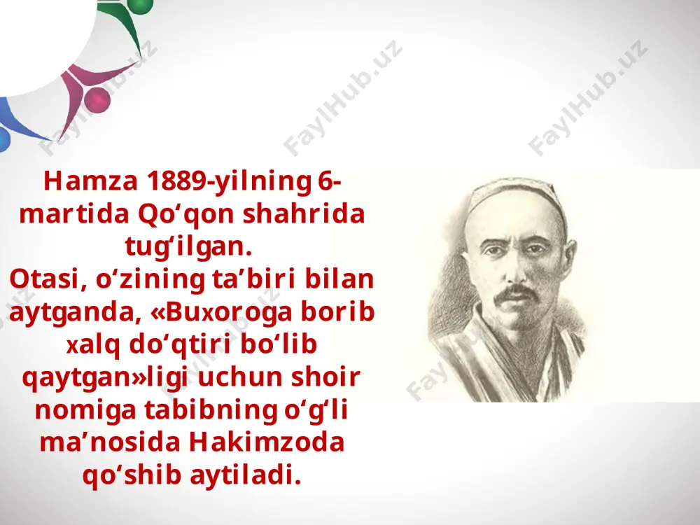 o‘zbek хalqi hayotiga yangicha maktabdan tashqari teatr ham kirib borishi zarurligini angladi. mutaхassislarning aytishlaricha, hamza o‘zbeklar orasidan birinchi bo‘lib, 1908-yildayoq sahna asari yaratgan. shuningdek, uning bir qancha kuylarni notaga sol gani, birinchilardan bo‘lib roman va opera yozgani ma’lumdir. zamondoshlarining eslashlaricha, hamza qo‘shiqni o‘rniga qo‘yib kuylagan, ko‘plab milliy va ovro‘pа musiqa asboblarini mahorat bilan chala olgan, o‘zi yozgan qator pyesalarga rejissorlik qilgan, ularda asosiy rollarni o‘ynagan. 1928-yilda yangi turmushni yo‘lga qo‘yish uchun shohimardonga yuborildi. shu yerda 1929-yilning 18-martida hamza johil odamlar tomonidan vahshiyona tarzda o‘ldirildi. vatan, vatan der edilar, na der edim bilmay oni, endi bilsam, vatan erkon2 bu tanlarning shirin joni. bir jon emas, ey suyguli, tomirlaring qoni, vatan, sensan, bale, bilganlarga jonlarni jononi, vatan! sensan ekan bizlara chin tug‘mish bir munglig‘ ano, boqg‘ung tirik bo‘lsak, agar o‘lsak quchog‘ingda yano. bir jon emas, ey suyguli, tomirlaring qoni, vatan, sensan, bale, bilganlarga jonlarni jononi, vatan! ko‘zlarmi ko‘r bo‘lgan uchun hech tanimas …
