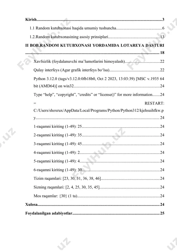 hi talabalarning dasturlash ko‘nikmalarini oshirish, real loyihalar ustida ishlash tajribasini orttirish va muammolarga algoritmik yondashuv orqali yechim topish salohiyatini rivojlantirishga xizmat qiladi.[5] mavzuning dolzarbligi. bugungi kunda raqamli texnologiyalar hayotimizning barcha jabhalariga chuqur kirib bormoqda. jumladan, tasodifiy sonlar asosida ishlovchi tizimlar – lotareya o‘yinlari, sovrinli aksiyalar, onlayn viktorinalar, test tuzuvchilar va turli o‘yin dasturlarida keng qo‘llanilmoqda. ushbu tizimlarda tasodifiylikning ishonchli va adolatli tashkil etilishi foydalanuvchilar ishonchini ta’minlaydi. shu nuqtayi nazardan, random kutubxonasi yordamida lotareya dasturini ishlab chiqish mavzusi o‘z dolzarbligini yo‘qotmayapti. lotareya tizimlarining asosiy talablaridan biri — bu adolatli g‘olib aniqlash. bunda inson aralashuvi minimal darajada bo‘lishi va barcha ishtirokchilarga teng imkoniyat yaratilishi kerak. aynan shunday holatda python dasturlash tilidagi random kutubxonasi asosida yaratilgan avtomatlashtirilgan yechimlar dolzarb ahamiyat kasb etadi. bu dasturiy yondashuv, nafaqat zamonaviy texnologik talablarga javob beradi, balki dasturchilar uchun real hayotdagi muammolarga texnik yechimlar topish imkonini ham yaratadi[1]. shuningdek, raqamli sohada tez sur’atlar bilan rivojlanayotgan sun’iy intellekt, avtomatlashtirish …