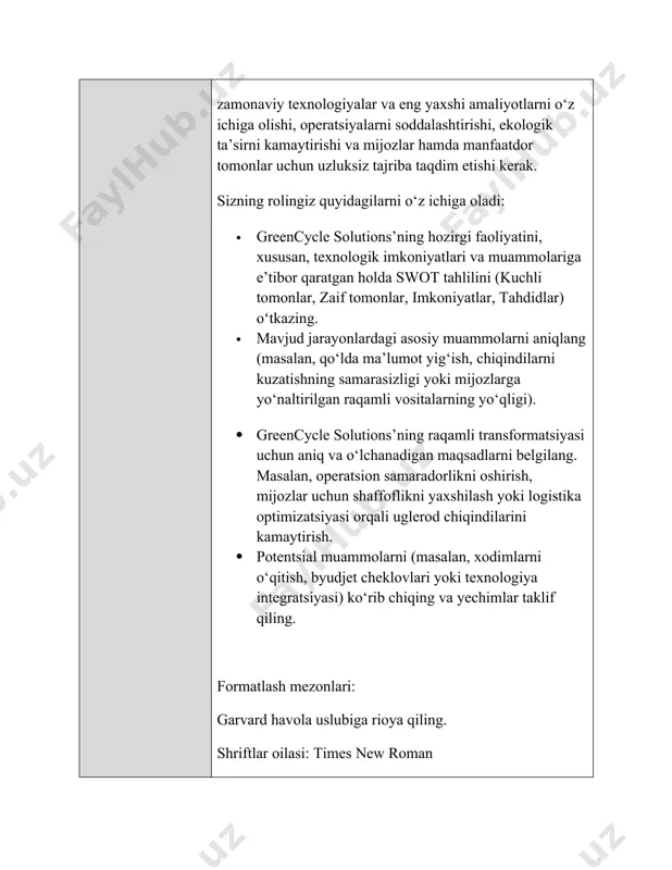 qiling. 4. raqamli transformatsiyaning turli turlarini misollar bilan tushuntiring. 5. tashkiliy kontekstda raqamli transformatsiyaning har bir turini qo'llash uchun biznes strategiyasining rolini baholang. 6. tashkilot uchun transformatsiya biznesini, jumladan, moliyalashtirishga kirish usullarini yarating. 7. sinov, takrorlash va takomillashtirish uchun mavjud bo'lgan tegishli usullardan foydalangan holda uning umumiy samaradorligini qanday o'lchashni o'z ichiga olgan batafsil raqamli transformatsiya biznesini yarating. 8. tashkilotlar bilim va intellektual mulkni rivojlantirish, saqlash va himoya qilish uchun foydalanishi mumkin bo'lgan turli xil vositalarni tushuntiring. 9. kengroq biznes muhiti kontekstida ushbu turli xil vositalarni dalillarga asoslangan baholashni taqdim eting. 10. raqamli transformatsiyaning tabiatini va u ishlab chiqilgan kontekstni baholang, tashkilotlar raqamli transformatsiya tizimini muvaffaqiyatli ishlab chiqish uchun qiyinchiliklarni qanday yengishi mumkinligi haqida dalillarga asoslangan xulosalar bering. ushbu topshiriqda sizga yordam beradigan ma'lumot manbalari bessant j. va tidd, j. (2015) innovatsiyalar va tadbirkorlik . 3-nashr. oksford: wiley. drucker, p. (2006) innovatsiya va tadbirkorlik. london: harper biznes. metyu, c. va …