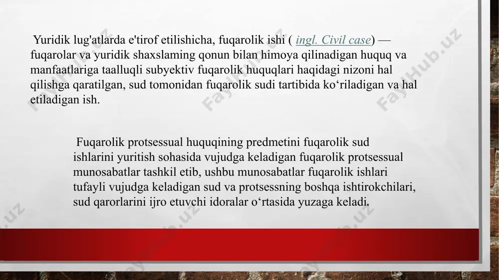dda ko'rish tartibini belgilovchi protsessual normalar o‘z ifodasini topgan bir qator kodekslar ham fuqarolik protsessual huquqining manbasi hisoblanadi. xususan, 0 ‘zbekiston respublikasining fuqarolik kodeksi, mehnat kodeksi, oila kodeksi, uy-joy kodeksi, soliq kodeksi shular jumlasidandir. fuqarolik protsessual huquqining tizimi. fuqarolik protsessual huquqining barcha qoidalari bir-biri bilan uzviy bog‘liq bo‘lib, uning tizimini tashkil qiladi. ushbu tizimda umumiy, alohida va maxsus ahamiyat kasb etuvchi normalar mavjud b o iib , ular birgalikda fuqarolik protsessual huquqining tizimini hosil qiladi. fuqarolik protsessual huquqining konstitutsiyaviy, fuqarolik, oila, mehnat, ma'muriy huquq, xo‘jalik protsessual va jinoyat protsessual huquqi hamda boshqa huquq sohalari bilan aloqadorligi fuqarolik protsessual huquqi mamlakatimiz huquq tizimining tarkibiy qismi sifatida huquqning aksariyat tarmoqlari bilan o‘zaro aloqador hisoblanadi. ayniqsa, fuqarolik protsessual huquqi moddiy huquq bilan uzviy aloqada bo‘lib, o‘z navbatida, moddiy huquq normasida nazarda tutilgan majburiyatlar boshqa shaxslar tomonidan amalga oshirilmagan taqdirda huquqni sud orqali himoya qilishning, hoshqacha qilib aytganda, fuqarolik, mehnat, oila, ma’muriy va boshqa …