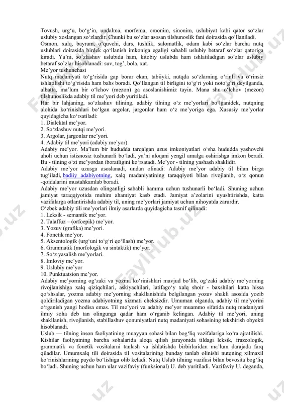 ida qo’llanadi, ko’pchilikka ma'lum bo’lgan ayrim qisqartma so’zlar ishlatiladi, har bir sohaning o’ziga xos atamalaridan foydalaniladi. rasmiy-idoraviy uslubda ko’pincha darak gaplardan, qaror, buyruq, ko’rsatma kabilarda esa buyruq gaplardan ham foydalaniladi. bu uslubda gap bo’laklarining odatdagi tartibda bo’lishiga rioya qilinadi: o’z lavozimini suiistе'mol qilganligi uchun m.ahmеdovga hayfsan e'lon qilinsin. 4. ommabop (publitsistik) uslub: tashviqot-targ’ibot ishlarni olib borishda qo’llanadigan uslub, ya'ni matbuot uslubi ommabop uslub hisoblanadi. bu uslubda ijtimoiy-siyosiy so’zlar ko’p qo’llanadi. nutq ta'sirchan bo’lishi uchun ta'sirchan so’z va birikmalardan, maqol va hikmatli so’zlardan ham foydalaniladi. bunday uslubda gap bo’laklari odatdagi tartibda bo’ladi, kеsimlar buyruq va xabar maylidagi fе'llar bilan ifodalanadi, darak, his-hayajon va ritorik so’roq gaplardan, yoyiq undalmalardan, takroriy so’z va birikmalardan unumli foydalaniladi: azamat paxtakorlarimiz mo’l hosil еtishtirish uchun fidokorona mеhnat qilishyapti. 5. badiiy uslub: badiiy asarlar (nazm, nasr va dramatik asarlar) badiiy uslubda bo’ladi. badiiy asar kishiga ma'lumot bеrish bilan birga, timsollar (obrazlar) vositasida estеtik ta'sir ham ko’rsatadi: o’lkamizda …