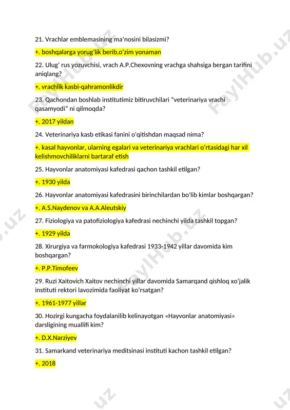 ning yangi taxrirdagi «veterinariya tugrisida»gi konuni kachon kabul kilingan? +. 2015 34. uzbekiston respublikasining yangi taxrirdagi «veterinariya tugrisida»gi konunida uchastka veterinariya vrachlariga kanday yangi vakolatlar berilgan? +. veterinariya inspektori 35. kachon respublika veterinariya boshkarmasi negizida veterinariya kumitasi tashkil etildi? +. 2017 36. uzbekiston veterinariya va chorvachilikni rivojlantirish kumitasi kachon tashkil etildi? +. 2019 37. deontologiya nimani urganadi? +. mutaxassislar burchi va bajarishi lozim bulgan vazifalari muammolari 38. deontologiya kategoriyalari? +. «vrachlik burchi», «vrachlik vijdoni», «vrachlik javobgarligi» 39. uzbekiston resspublikasi veterinariya va chorvachilikni rivojlantirish kumitasi kaysi xalkaro tashkilotlar bilan yakin alokada faoliyat kursatadi? +. xsst, xeb, xva 40. xeb ning asosiy vazifalari? +. veterinariya soxasidagi xalkaro ma’lumotlar xizmati, xalkaro xamkorlikni talab etadigan ilmiy ishlarni muvofiklashtirish? 41.xva ni tashkil etilishiga nima sabab bulgan 41.xva ni tashkil etilishiga nima sabab bulgan? +. yukumli kasalliklarni tarkalib ketishi xavfi 42.kadimgi dunyoda veterinariya kasbini paydo bulishiga nima sabab bulgan? +. yovvoyi xayvonlarni xonakilashtirilishi 43.uzbekistonda veterinariya ilmiy …