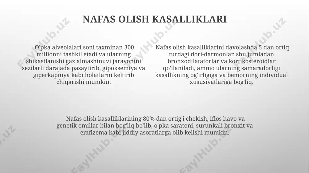 xminan 2,5 litrni tashkil etadi va bu hajm nafas olish va nafas chiqarish jarayonida o'zgarib turadi, nafas hajmining o'zgarishiga bog'liq holda. har bir o'pka ikkita asosiy bronxga bo'linadi, ular o'z navbatida mayda bronxiol va alveolalarga tarmoqlanadi, bu nafas olish yo'llarining murakkab tarmoq tuzilishini aks ettiradi. nafas olishning regulyatsiyasi diafragma va qovurgʻalararo mushaklarning faoliyati nafas olish jarayonini boshqaradi, bu jarayon miya sopi tomonidan neyron signallar orqali boshqariladi va ko'krak qafasi hajmiga ta'sir qiladi. qonning kislorod miqdori (pao2) va karbonat angidrid miqdori (paco2) nafas olish markaziga ta'sir qilib, nafas olish tezligi va chuqurligini tartibga soladi. bu kimyoviy retseptorlar orqali amalga oshiriladi. nafas olish tezligi daqiqada 12-20 marta boʻlishi normal hisoblanadi, ammo bu yosh, jismoniy faollik va sogʻliq holatiga bogʻliq holda oʻzgaradi. chekish va astma kabi omillar nafas olish tezligini sezilarli darajada oshirishi mumkin. kislorod tashilishi eritrotsitlardagi har bir gemoglobin molekulasi 4 ta kislorod molekulasini bog'lashi mumkin, bu esa kislorod tashish quvvatini sezilarli …