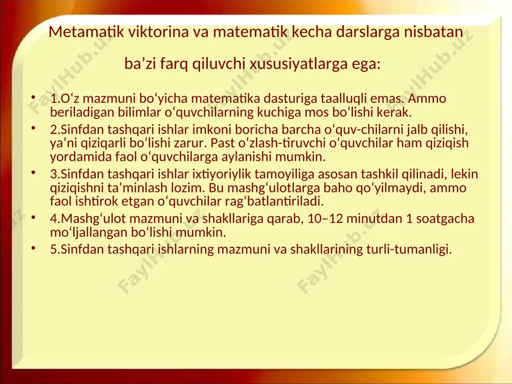rish, konkretlashtirishga, yo‘naltirishga o‘rgatishmatematik bilimlarni amaliyotga tatbiq qilish. masala yordamida tarbiya muammolarni hal qilishqadimgi misr papiruslaridan boshlab hozirgi davrning turli manbaalari matematik gazeta va viktorinalar gazeta, viktorinada har xildagi matematik mazmunni o‘z ichga olgan topishmoq, misol va topshiriqlar rasmlarda berilib qiziqish xarakterida bo‘ladi. viktorinada esa o‘quvchilarga yechish tavsiya qilinadigan topshiriq beriladi. javoblar belgilangan vaqtda o‘quvchilarga yetkaziladi. matematik konkurslar va viktorinalar. konkrus mavzusi va uni o‘tkazish vaqti oldindan belgilanadi. murakkab hisoblashlarni eng qulay usul bilan, taqqoslash yordamida hisoblash 2. mantiqiy masala va mashqlarni, 3. тopqirlik, ziyraklikka oid mashqlar, 4. hisoblashlari murakkab bo‘lgan masalarni 5. sharq mutafakkirlari merosiga oid bayon qilishlar, algebraik, geometrik shakllar mazmunini yoritishga oid topshiriqlar. matematik viktorinalar – gazetalardan farqli ravishda faqat o‘quvchilarga yechish uchun berilgan masalalar va savollardan iborat bo‘ladi. javoblar yozma ravishda ma’lum vaqt ichida o‘qituvchi tomonidan g‘olib o‘quvchi aniqlanib e’lon qilib boriladi. matematik devoriy gazeta, viktorinalar, odatda matematik burchak deb ataluvchi joyga osib qo‘yiladi, bu burchakda …