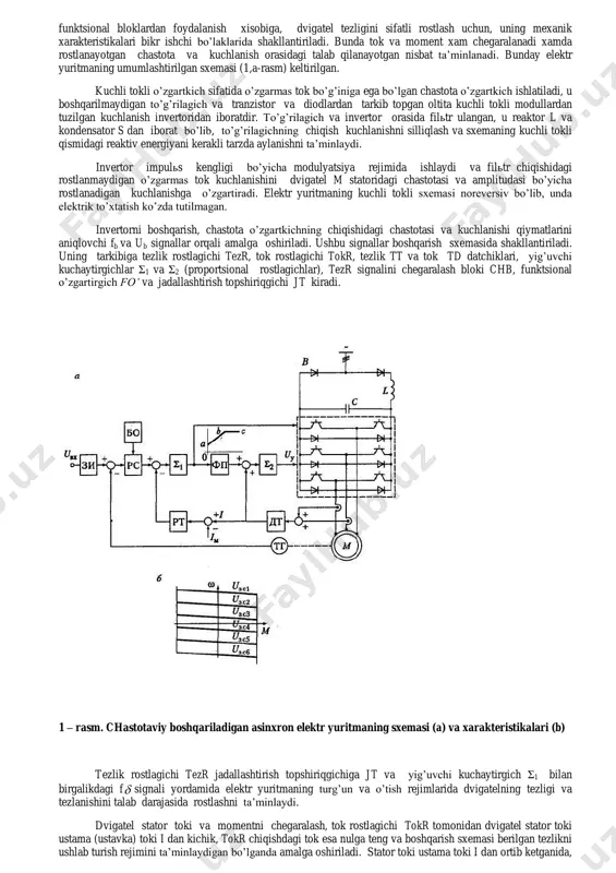 ardan, impulьsli o’zgartirgichlardan hamda kuchlanishli o’zgartirgichlardan. to’ larning sxemalari xilma–xildir. shu bilan birga ular o’garuvchan tok elektryuritmalariga bo’lgan turlicha talablari bilan, masalan, quvvati, tezlikni rostlash oralig’i, elektrenergiyani yo’qolishi, tadbiq etishni oddiyligi, chiqishdagi tok va kuchlanishning shakli va hokazolar kabilar bilan aniqlanadi. elektryuritma texnikasida eng ko’p tarqalgan chastotani tiristorli o’zgartirgichlar ikkita katta guruhlarga bo’linadi: o’zgarmas tok bo’g’iniga ega bo’lgan chastotani tiristorli o’zgartirgich va bevosita buramali chastotani tiristorli o’zgartirgich. o’zgarmas tok bo’g’iniga ega bo’lgan chastotani o’zgartirgich o’z navbatida boshqariluvchi va boshqarilmaydigan to’g’rilagichga ega bo’lgan chastotani to’ ga, avtonom tok yoki kuchlanish inventorli to’ ga bo’linadilar. ad ni boshqarishning chastota usulidagi asosiy ko’rsatkichlarini keltiramiz. chastotaviy boshqarish tejamlidir, chunki u ad tezligini rostlashni, elektr yuritma f.i.k. ni kamayishiga va ad ning quvvatini ortirish zarurligiga olib keluvchi rotor zanjiridagi energiya isroflarini orttirmasdan turib ta’minlaydi. rostlash bunday tizimda ravon va tabiiy xarakteristikaning ikkala tomoniga ham keng diapazonda amalga oshirilishi mumkin, ya’ni ad nominaldan katta yoki kichik …