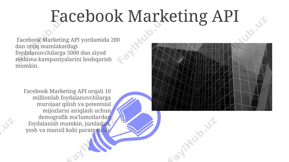 lama va tarkib yaratish facebook platformasida 2024 yilda 50% ga o'sib, global miqyosda yangi marketing strategiyalarini shakllantiradi. facebook api va sdklar facebook api va sdklarni birgalikda qo'llash orqali, dunyoning 80 dan ortiq mintaqasida joylashgan 3000 dan ortiq ilovaga qo'shimcha funksiyalarni qo'shish mumkin. facebook api, 100 dan ortiq mamlakatda faoliyat yuritadigan dasturchilarga 2000 dan ziyod funksiyalarni taqdim etadi, shuningdek, kaliforniyada joylashgan facebook shtab-kvartirasi orqali qo'llab-quvvatlanadi. facebook graph api facebook graph api yordamida 150 dan ortiq mamlakatdan 2 milliarddan ziyod foydalanuvchining demografik ma'lumotlarini, shu jumladan yosh, manzil va qiziqishlarini olish mumkin. graph api orqali 5000 dan ortiq facebook sahifasining postlari va sharhlarini, ularning joylashuvi va o'zaro aloqalarini tahlil qilib, ma'lumotlarni to'plash va london, nyu-york kabi yirik shaharlardagi trendlarni kuzatish mumkin. foydalanuvchilar va demografik ma’lumotlar 01 02 facebook reklama kampaniyalari uchun maqsadli auditoriyani aniqlashda yosh, jinsi, joylashuvi (masalan, toshkent shahri) va manfaatlariga asoslangan aniq demografik maʼlumotlardan foydalanish mumkin. sales 1st qtr 2nd qtr …