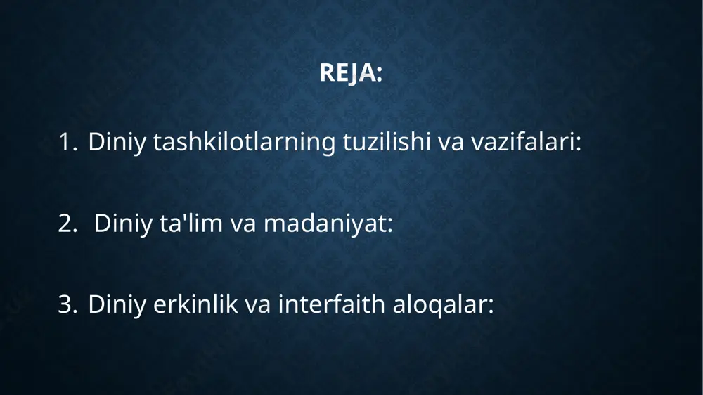 'tibor beriladi. . o'zbekiston musulmonlari idorasi: bu tashkilot musulmonlarning markaziy boshqaruv organsidir. u masjidlar va diniy ta’lim muassasalarini nazorat qiladi, shuningdek musulmonlarning diniy hayotini boshqaradi. idora, qur’on va sunnat asosida diniy muammolarni hal etish uchun muftiylar va olimlarga tayanadi. . masjidlar: o'zbekistonda mingdan ortiq masjidlar mavjud. har bir masjid o‘z aholisiga diniy xizmatlar, jumladan, namoz va ta’lim taklif etadi. masjidlarning ko'pchiligi mahalliy jamoatchilik bilan yaqindan ishlaydi. ikki mamlakat o'rtasidagi diniy munosabatlar: - o'zbekiston va boshqa davlatlar o'rtasida diniy aloqalar o'rnatishga e'tibor beriladi. masalan, turkiston shahrida har yili haqiqiy islomiy tadbirlar o'tkaziladi. - o'zbekiston xalqaro diniy-o'zaro qarashlarni hurmat qilish va diniy erkinlikni qo'llab-quvvatlashga intiladi. - o'zbekistondagi madrasalarda islom dini, tafsir, fiqh va boshqa diniy fanlar o'qitiladi. - o'quvchilar jamiyatda ijobiy o'zgarishlar qilish uchun bilim va axloqiy qadriyatlarga ega bo'lishga intiladi. - diniy ta'lim jarayonida o'zbekiston davlatining ijtimoiy hayotida barqarorlikni saqlashga e'tibor beriladi. diniy ta'lim: o'zbekistonda madrasalar va boshqa diniy ta’lim muassasalari …