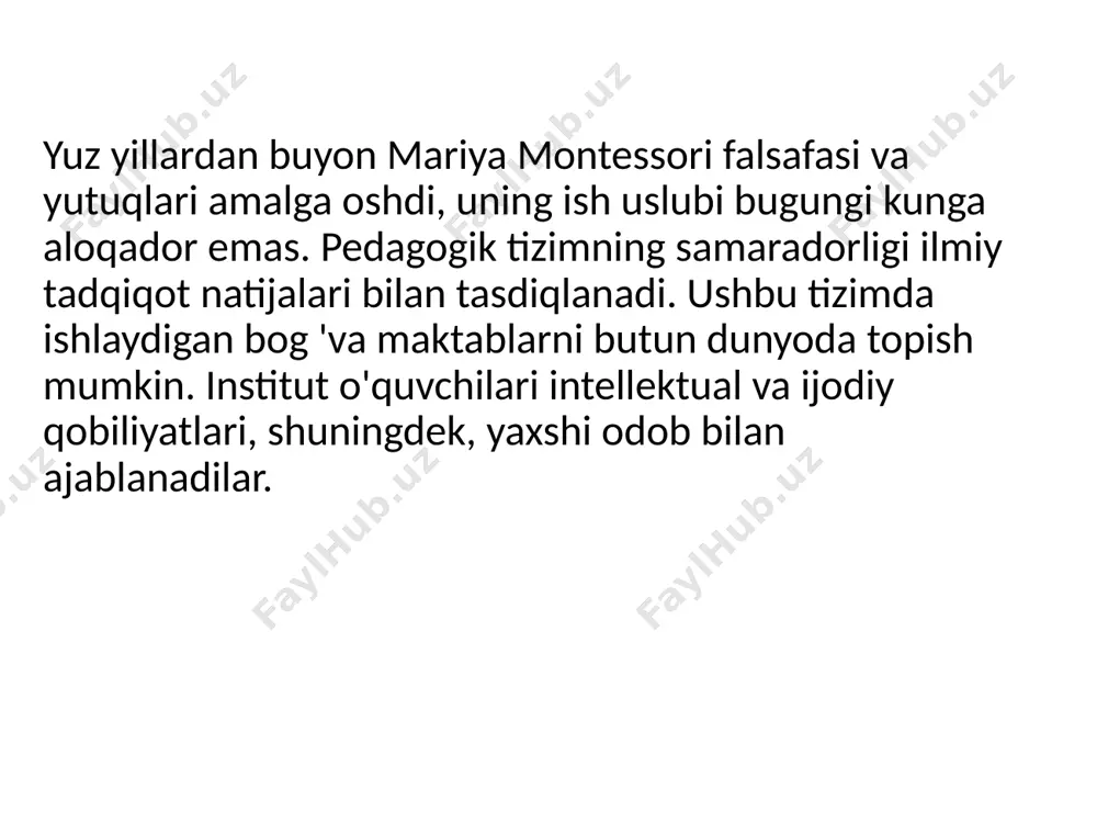 adilar. didaktik material har bir bola uchun erkin bo'lishi kerak. hamma rioya qilish kerak bo'lgan qoidalar mavjud. uning eng mashxur kitobi montessori usulidan foydalangan holda maktabgacha yoshdagi bolalarga mo'ljallangan darslar ma'lum materiallar bilan ishlashdan iborat. keling, ularni ko'rib chiqaylik. sensorni ishlab chiqish: *qopqoqli kvadrat. unda kancalar, tugmalar, fermuarlar, poyabzallar mavjud. bunday simulyator yordamida bola o'z kiyimlarini kiyishni o'rganadi. *jigarrang zinapoyalar. bolalar katta-kichik, qalin-nozik tushunchalari haqida qaror qabul qilishga yordam beradi. *pushti minora. bolalar piramidasini eslatib turadi. ob'ektlarni o'zaro solishtirishni o'rganadi. *qizil novda. bola "uzoqroq", "qisqa" tushunchalari bilan tanishadi. xulosa mariya montessorining pedagogik uslubidan foydalanadigan ta'lim muassasasi bolalarning alohida kichik sayyorasi bilan taqqoslanishi mumkin, u erda belgilangan buyruqlar mavjud va ruxsat berish uchun joy yo'q. shu bilan birga, bolalar o'zlarining his-tuyg'ularini va his-tuyg'ularini tushunishadi, mustaqillikka ega bo'lishadi va ichki masalalarni hal qilishadi. hech kim va hech narsa kichik bir odamning qobiliyatini rivojlanishiga to'sqinlik qiladi. tizim bolalarning shablonlari bo'yicha faoliyatlarini taklif qilmaydi, …